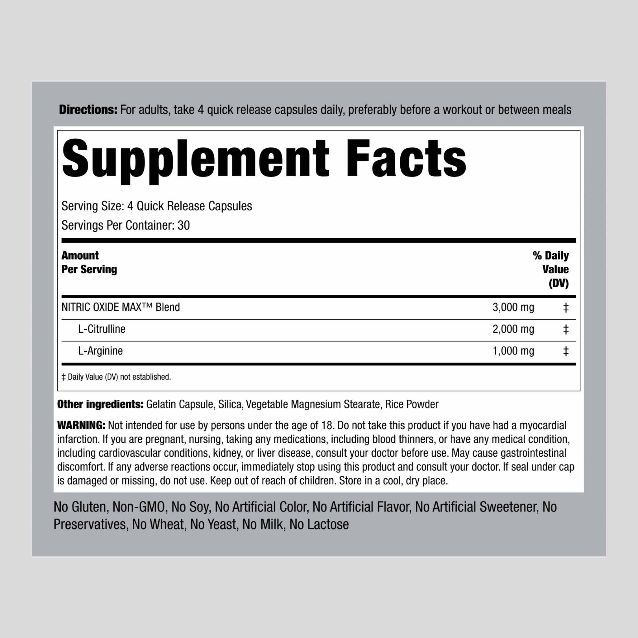 Nitric Oxide Max, 3000 mg (per serving), 120 Quick Release Capsules