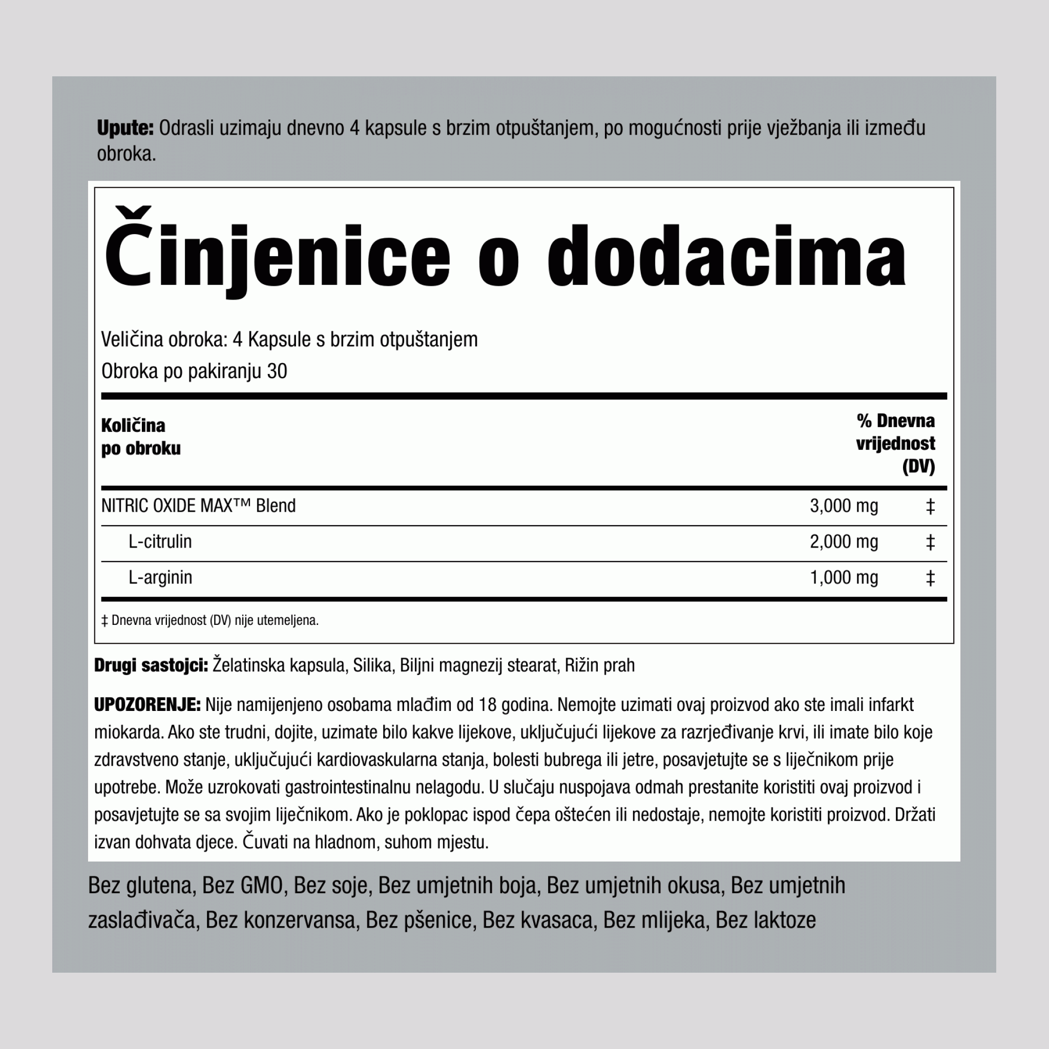 Maksimalni dušikov oksid, 3000 mg (po porciji), 120 kapsula s brzim oslobađanjem