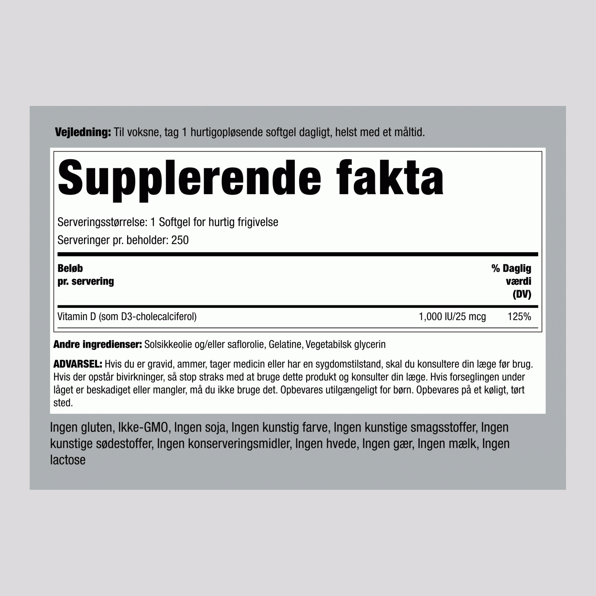 Højpotent Vitamin D3  1000 IU 250 Softgel for hurtig frigivelse     