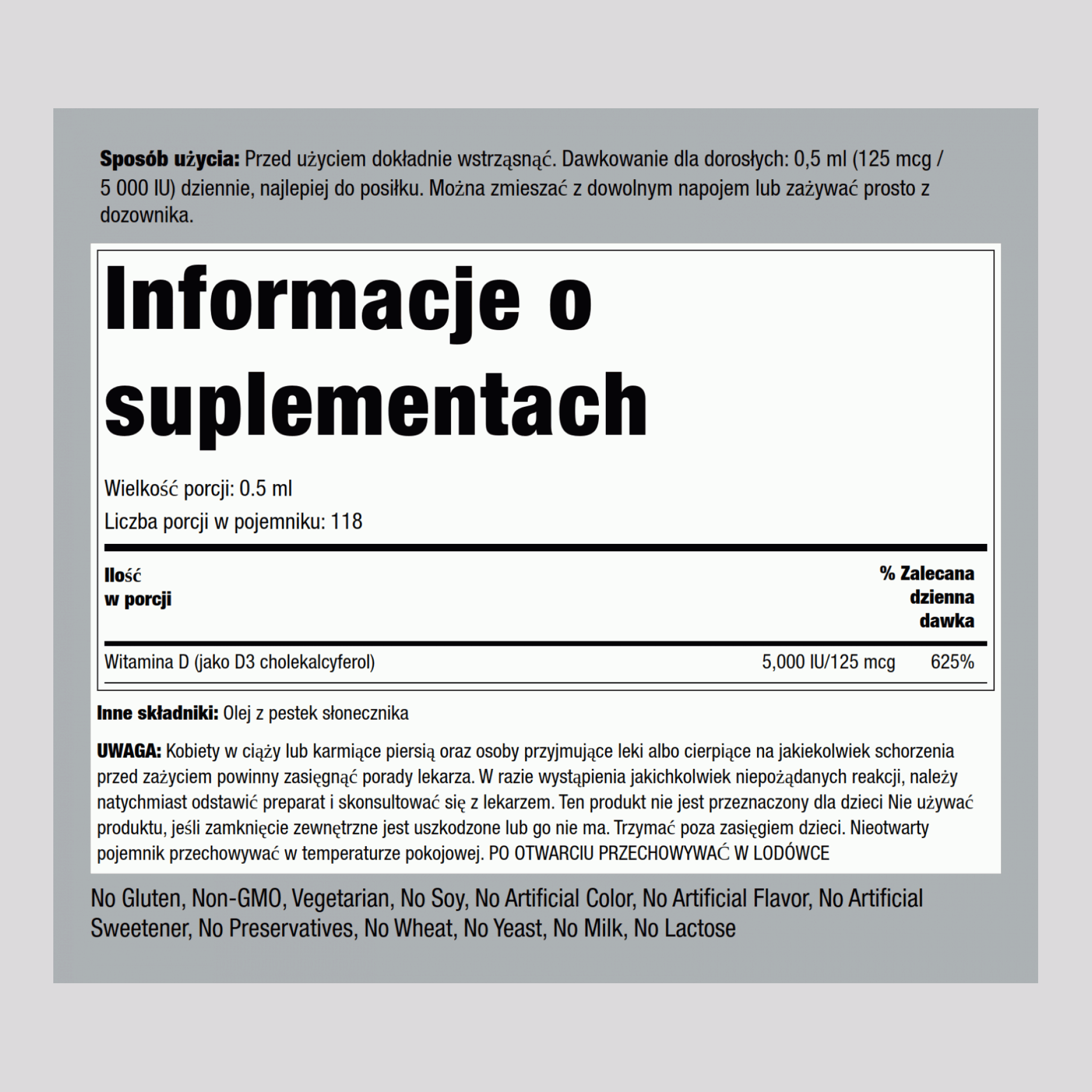 Witamina D3 w płynie 5000 IU 2 Uncje sześcienne 59 ml Butelka z zakraplaczem  