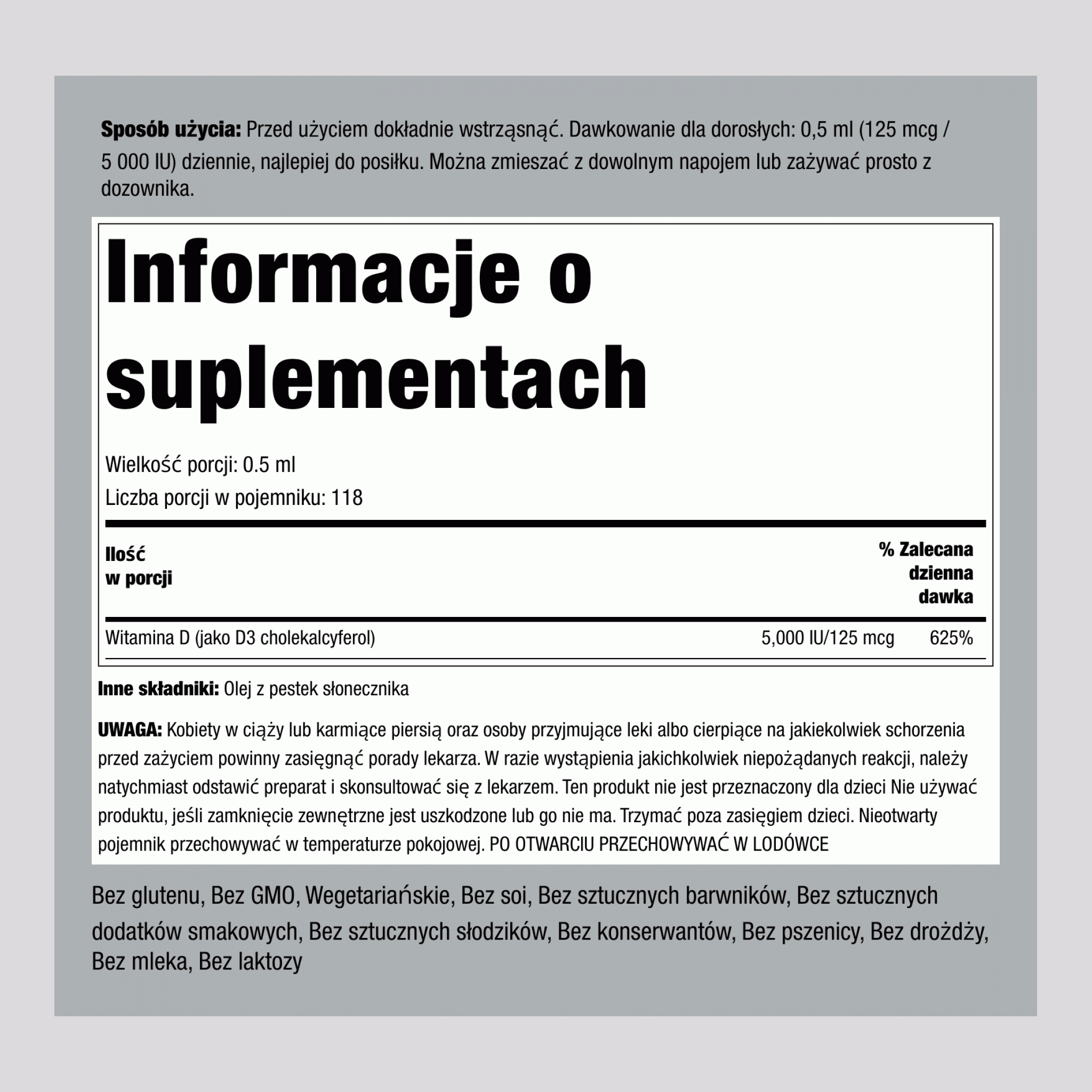 Witamina D3 w płynie, 5000 IU 2 Uncje sześcienne 59 ml Butelka z zakraplaczem 3 Siarczan agmatyny