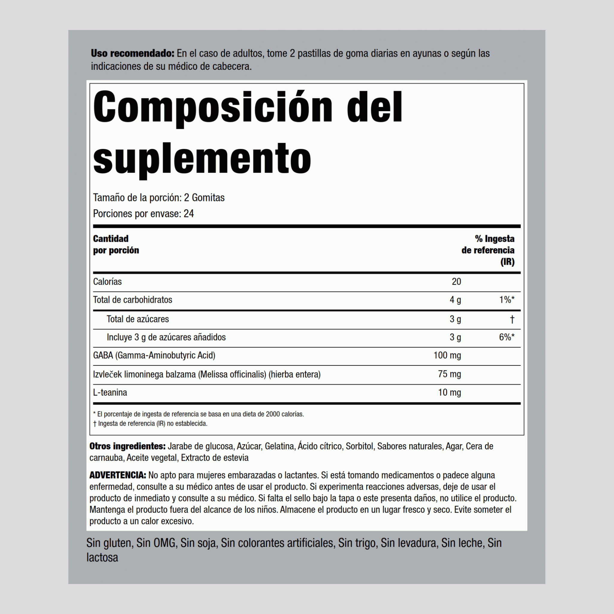 Pastillas de goma antiestrés con GABA y L-teanina (sabor natural a limón y fresa) 60 Gomitas 2 Botellas/Frascos