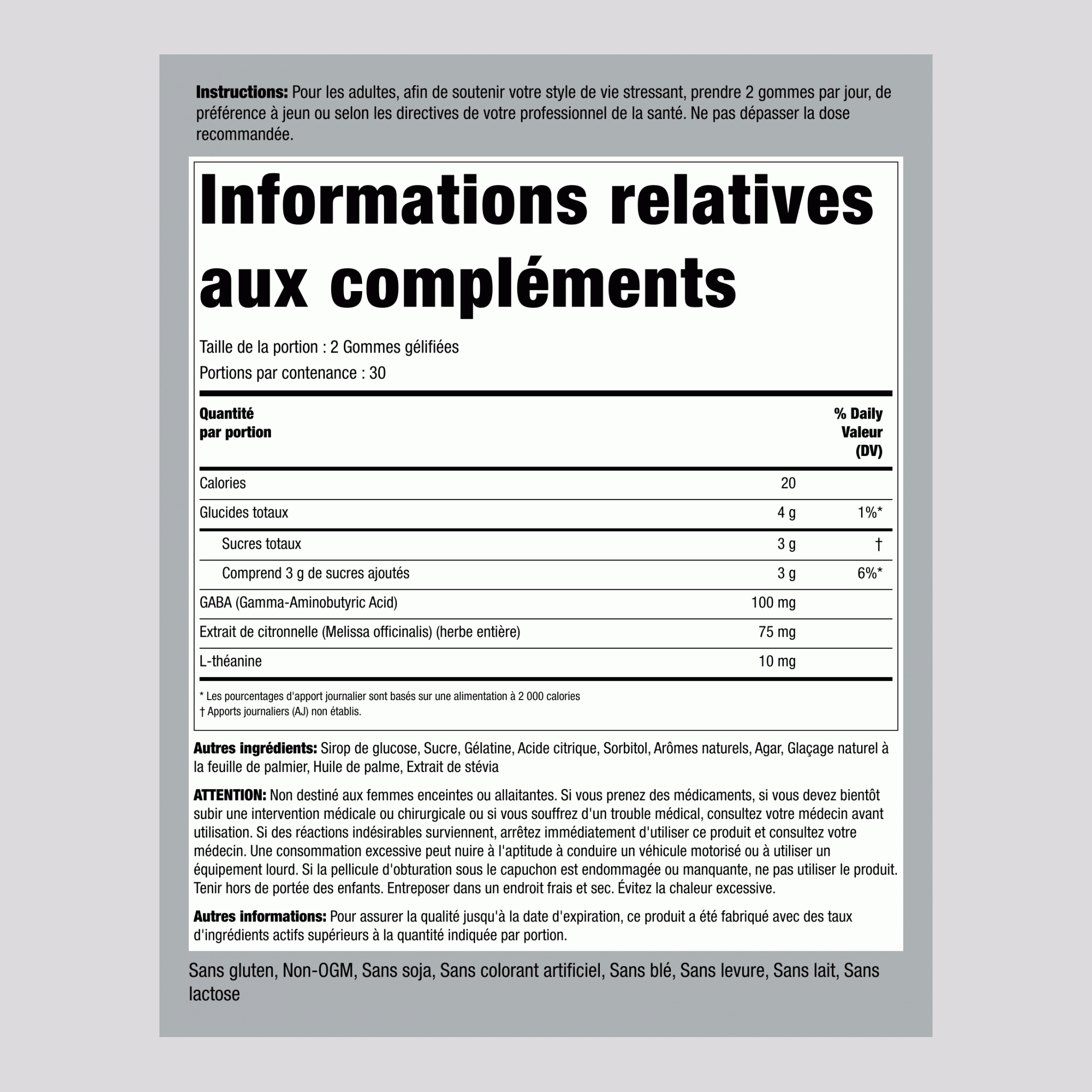 Gommes anti-stress + GABA et L-théanine (arômes naturels de citron et de fraise) 60 Gommes gélifiées      