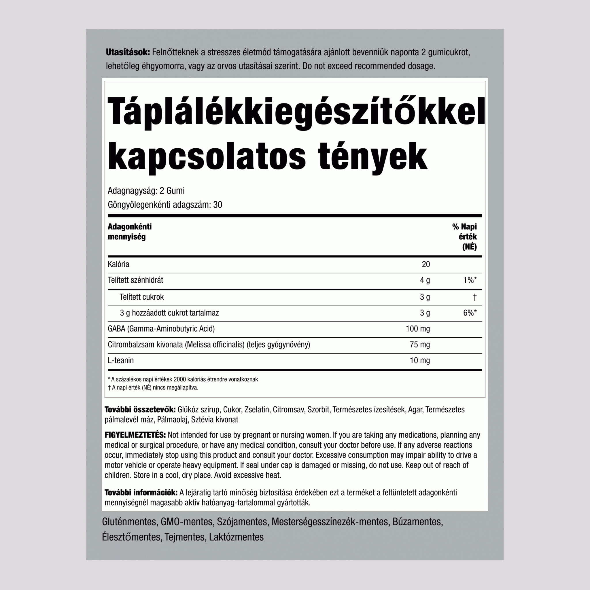 Nyugtató stressz támogatás + GABA és L-teanin (Ízletes citrom és eper), 60 gumicukor
