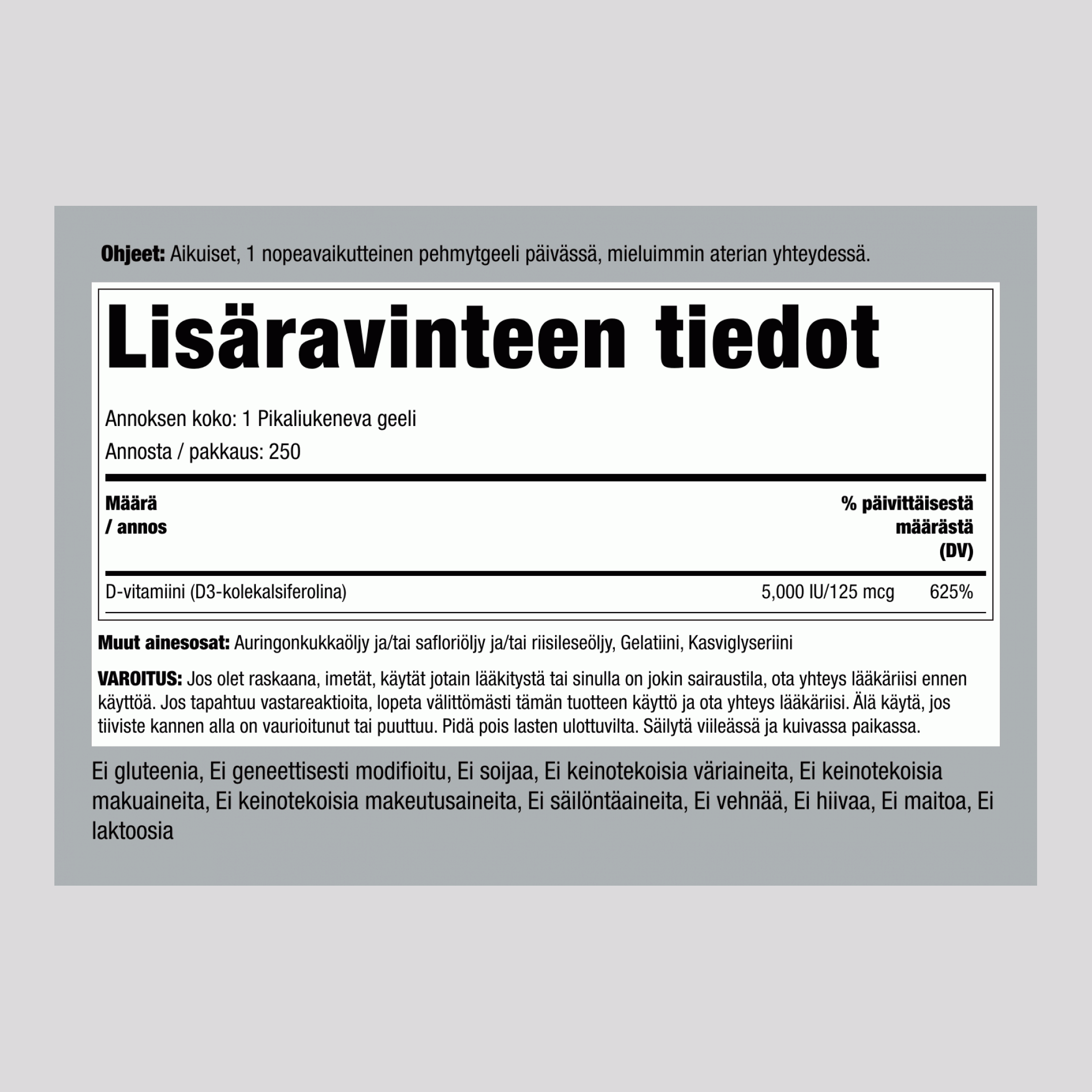 Voimakas D3-vitamiini ,  5000 IU 250 Pikaliukenevat geelit 2 Pulloa