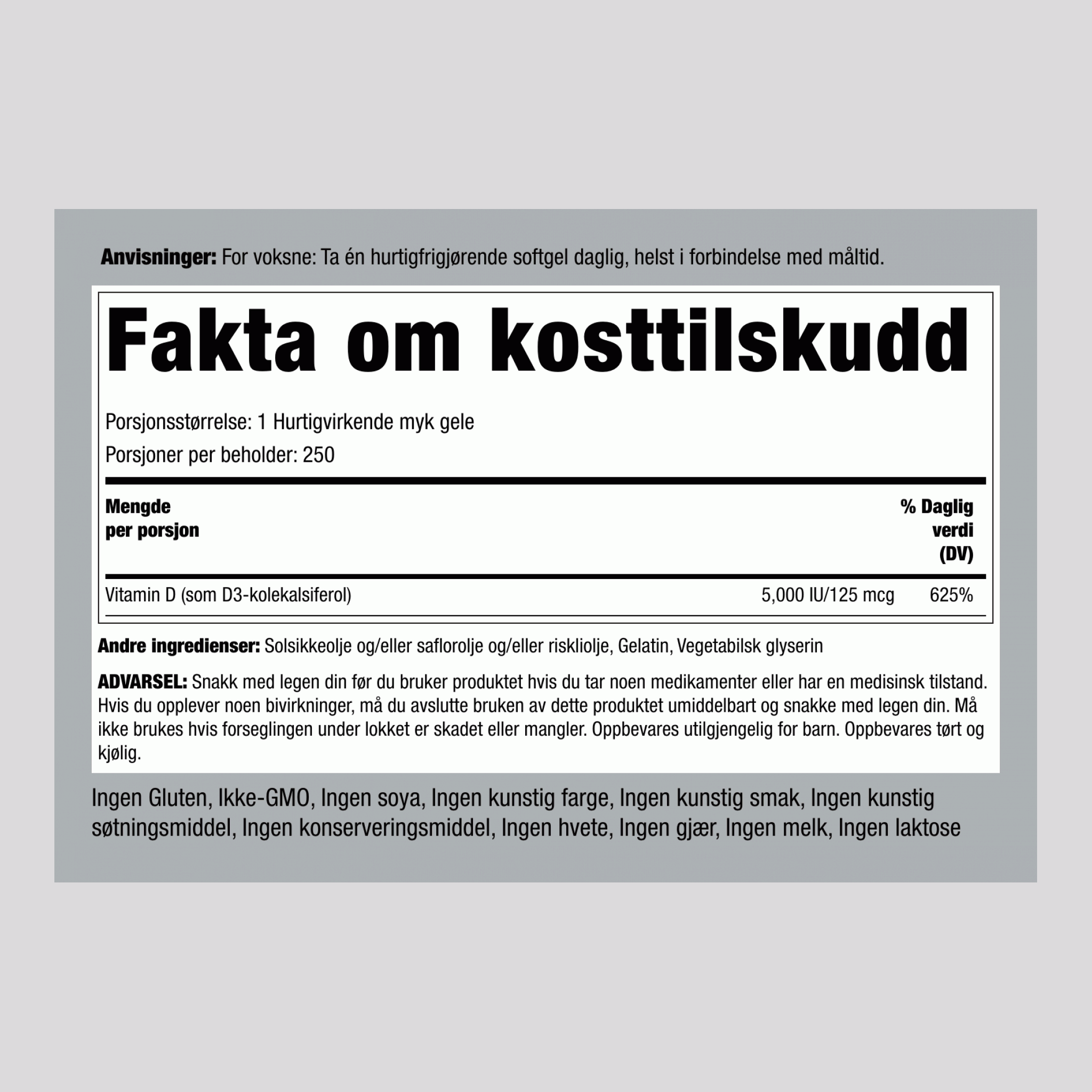 Høypotent vitamin D3 ,  5000 IU 250 Hurtigvirkende myke geleer 2 Flasker