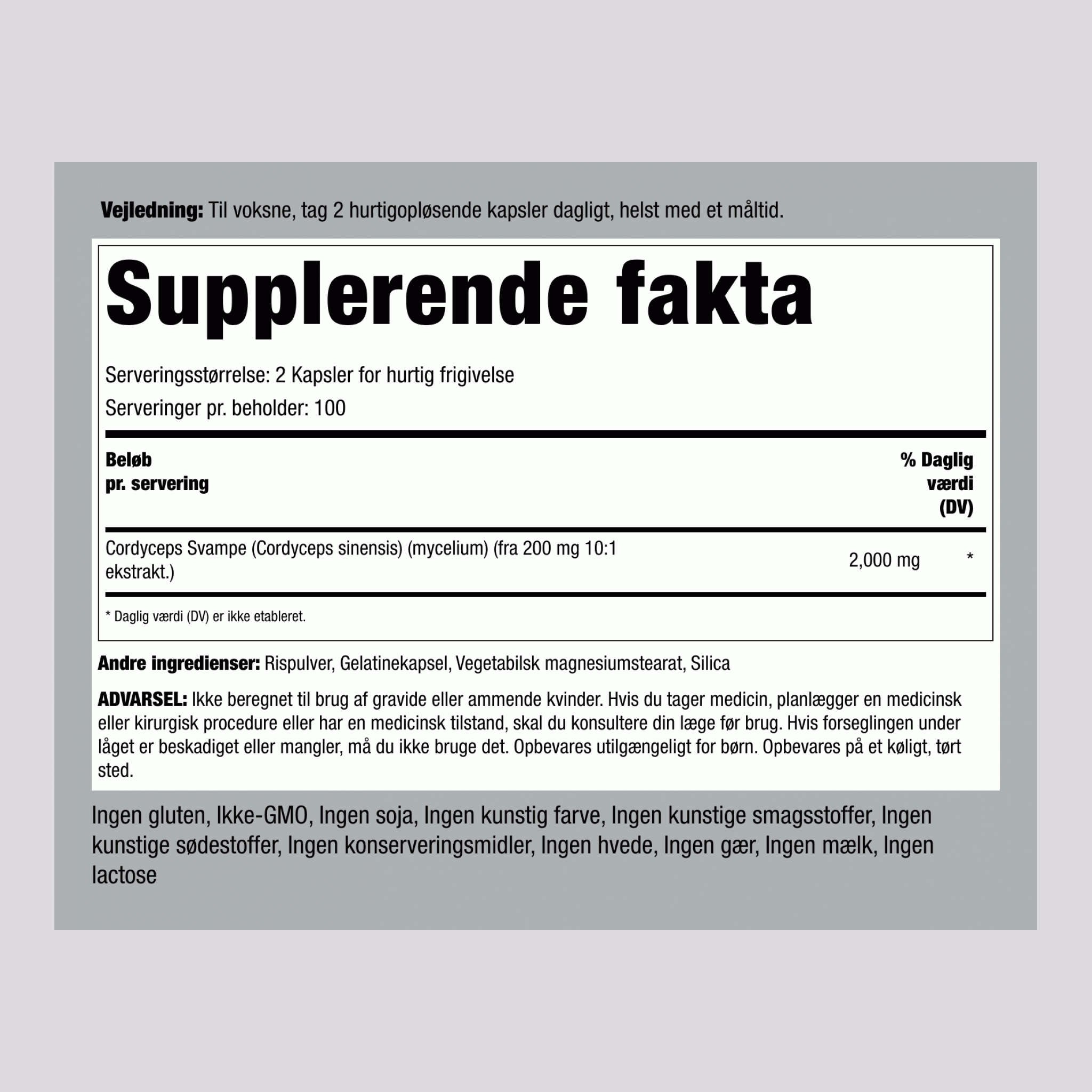 Cordyceps-svamp,  2000 mg (pr. dosering) 200 Kapsler for hurtig frigivelse 2 Flasker