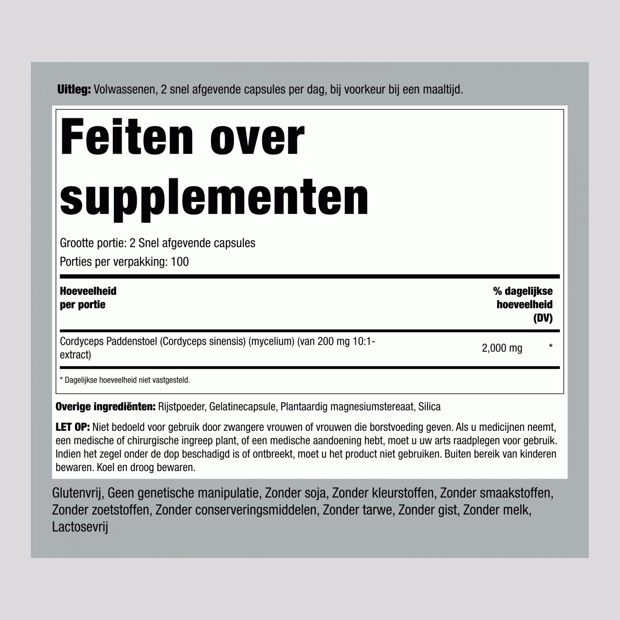 Cordycepspaddenstoel,  2000 mg (per portie) 200 Snel afgevende capsules 2 Flessen