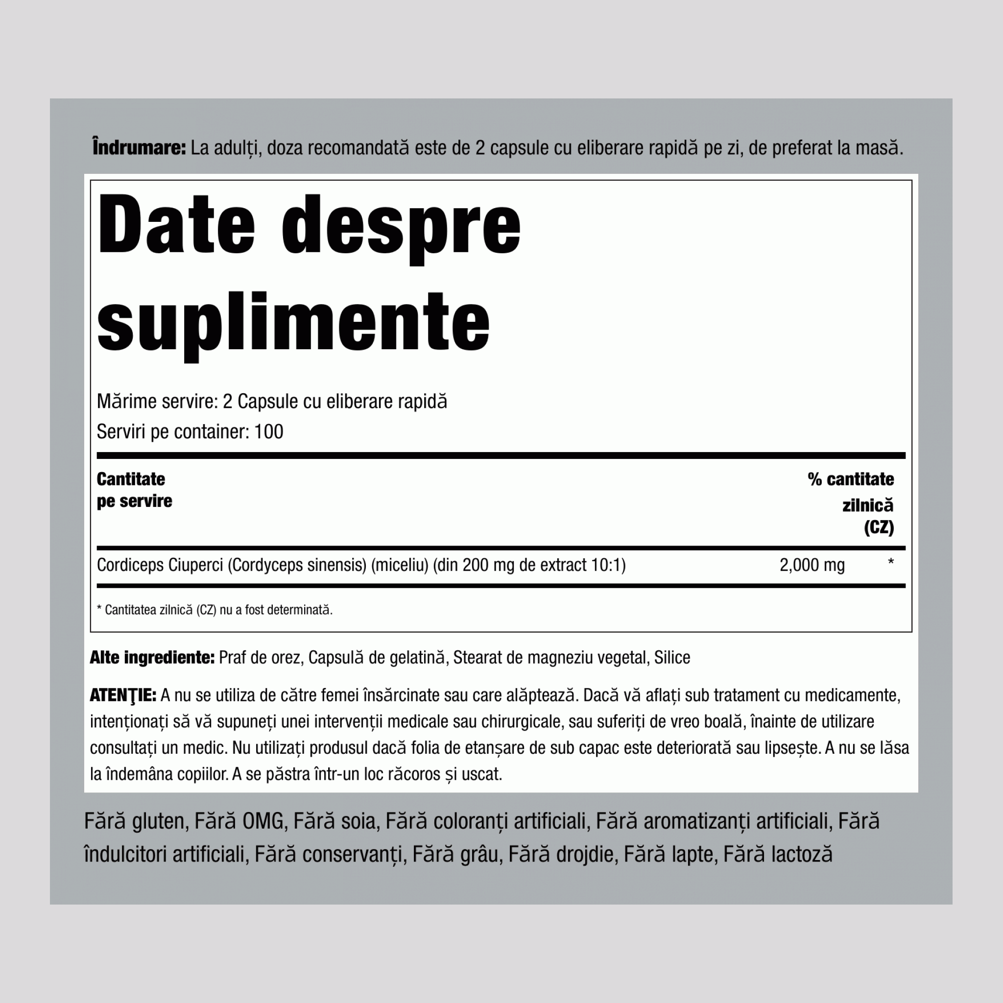 Ciuperca Cordyceps,  2000 mg (per porție) 200 Capsule cu eliberare rapidă 2 Sticle