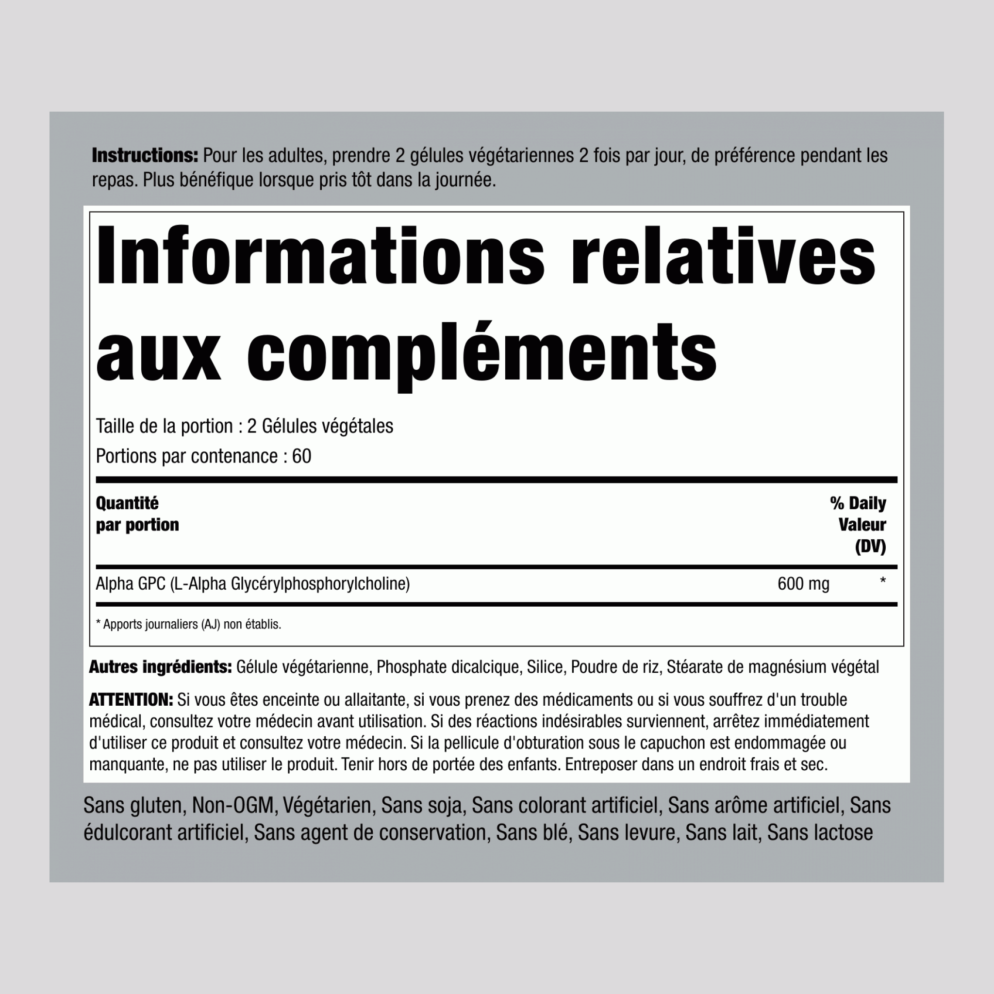 Alpha GPC 600 mg (par portion) 120 Gélules végétales     