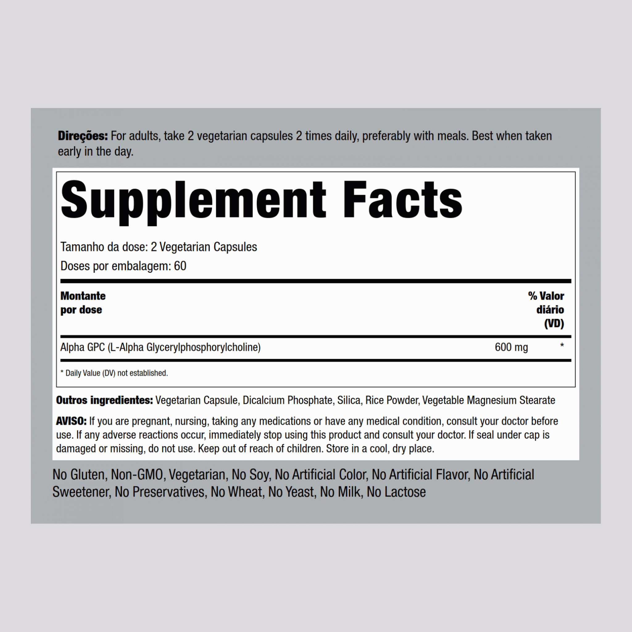 Alfa-GPC  600 mg (por dose) 120 Cápsulas vegetarianas     