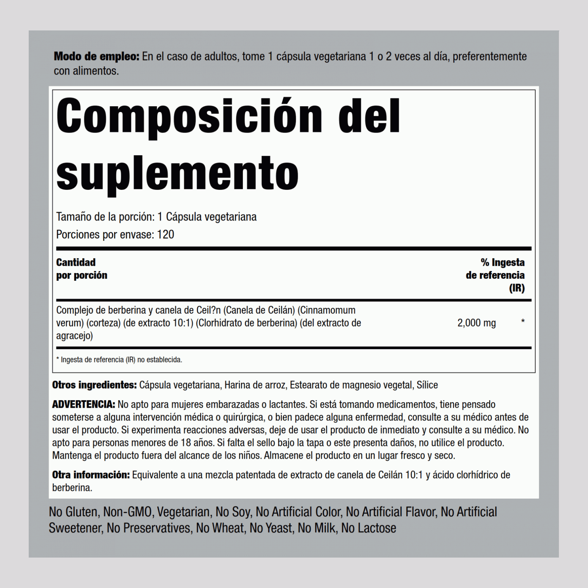 Complejo de berberina y canela de Ceilán 2000 mg 120 Cápsulas vegetarianas     