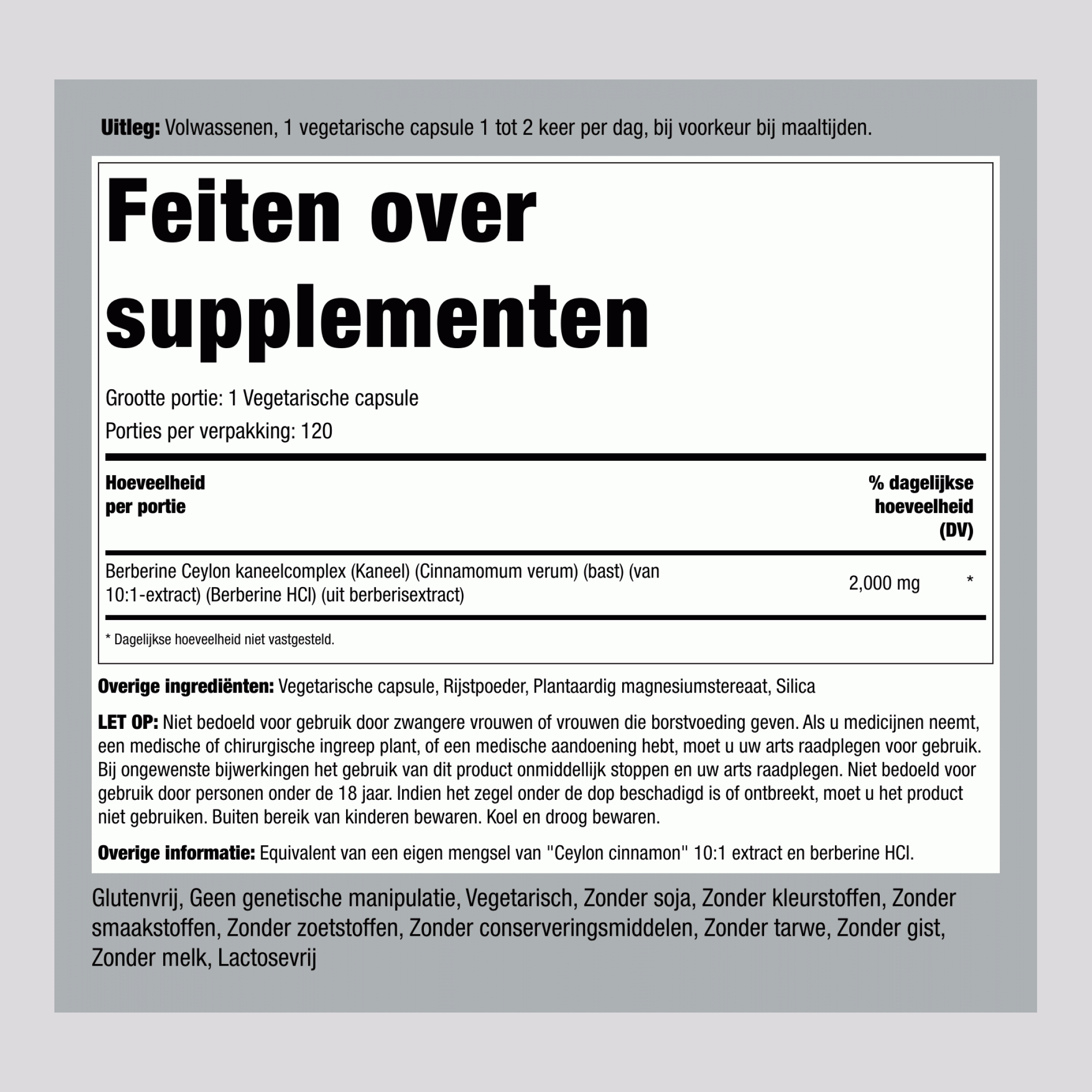 Berberine Ceylon kaneelcomplex 2000 mg 120 Vegetarische capsules     