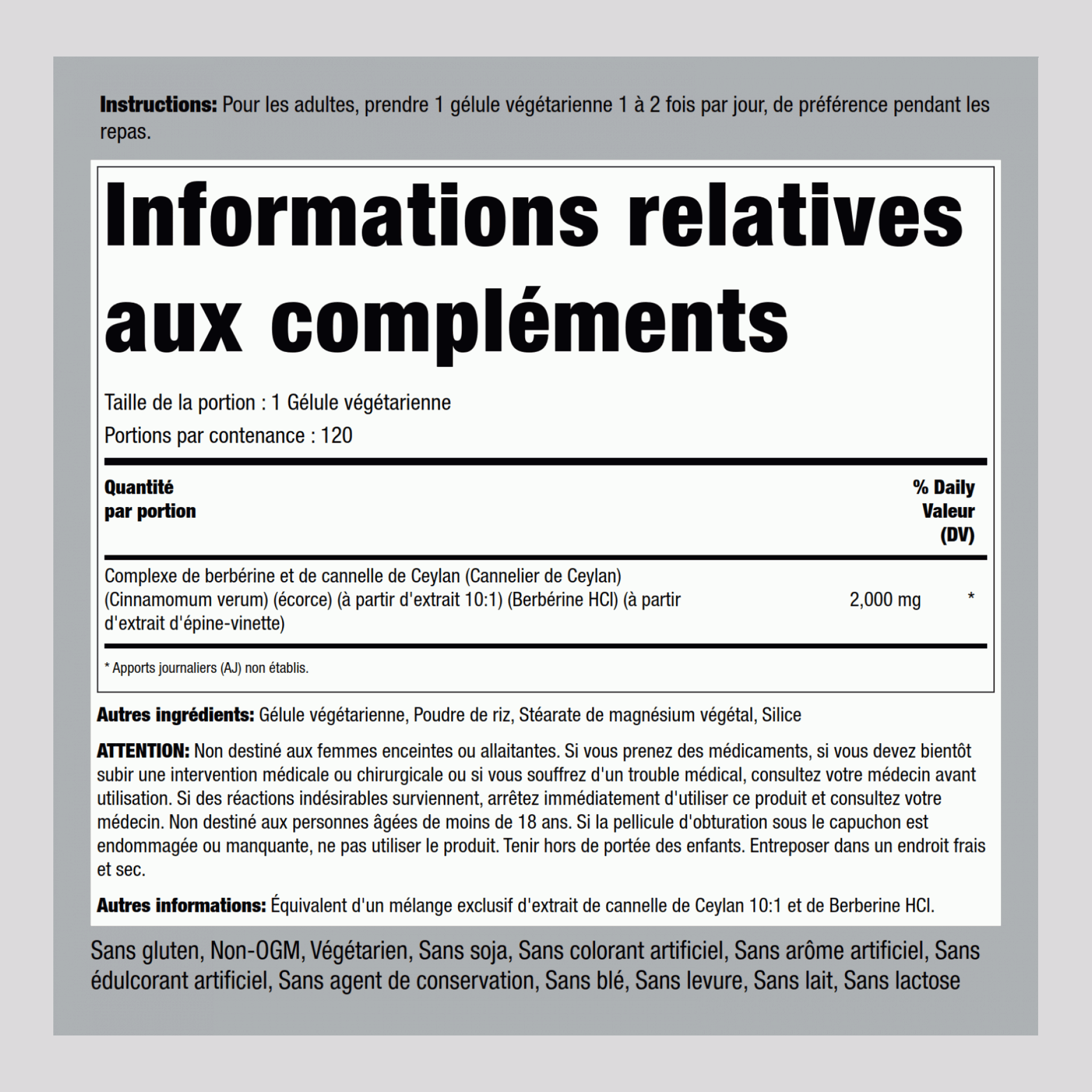 Complexe de berbérine et de cannelle de Ceylan 2000 mg 120 Gélules végétales     