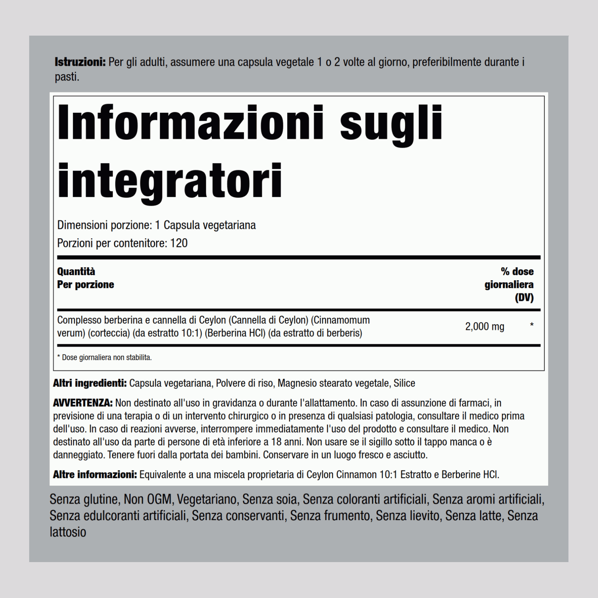 Complesso berberina e cannella di Ceylon 2000 mg 120 Capsule vegetariane     