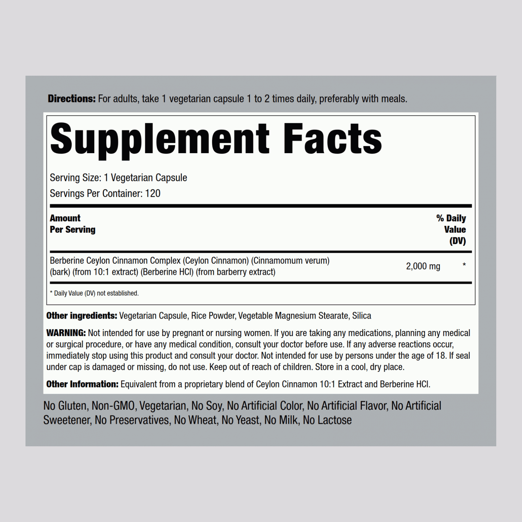 小蘗鹼錫蘭肉桂複合物 2000 mg 120 素食專用膠囊     