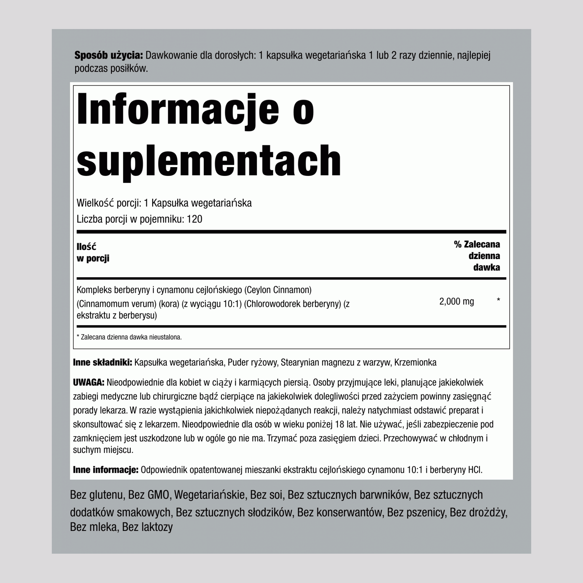 Kompleks berberyny i cynamonu cejlońskiego,  2000 mg 120 Kapsułki wegetariańskie 2 Butelki