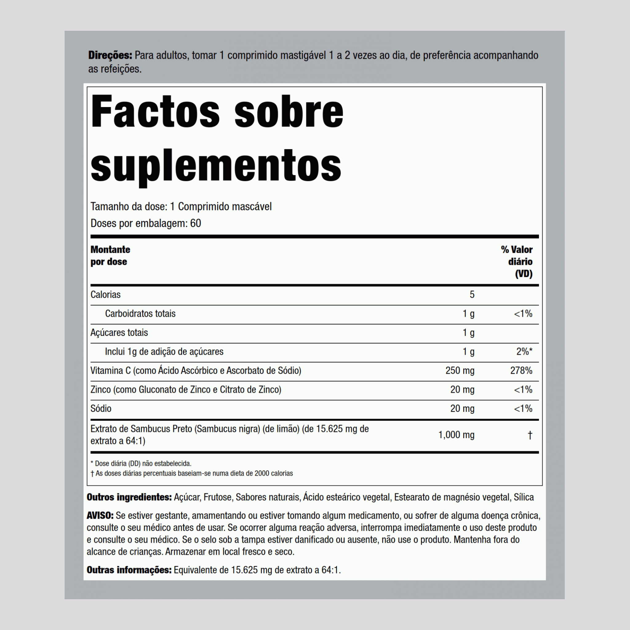 Complexo de Sabugueiro Preto para Imunidade com Vitamina C e Zinco (sabor natural de frutas vermelhas) 60 Comprimidos mastigáveis       