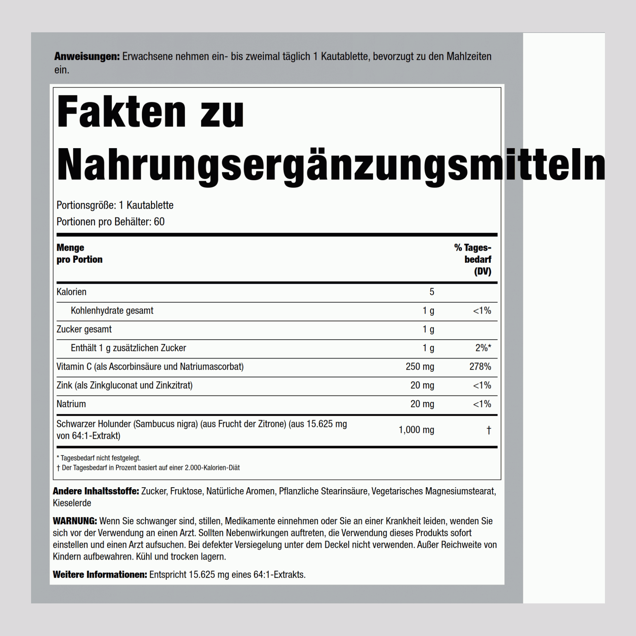 Sambucus Immunkomplex aus schwarzer Holunderbeere mit Vitamin C und Zink (natürliche Beeren) 60 Kautabletten       