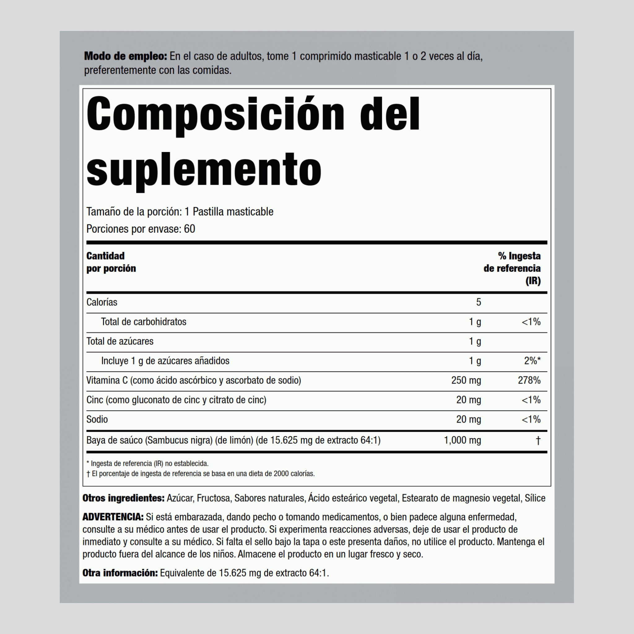 Complejo de ayuda para el sistema inmunológico de bayas de saúco, con vitamina C y cinc (sabor natural a baya) 60 Tabletas masticables       