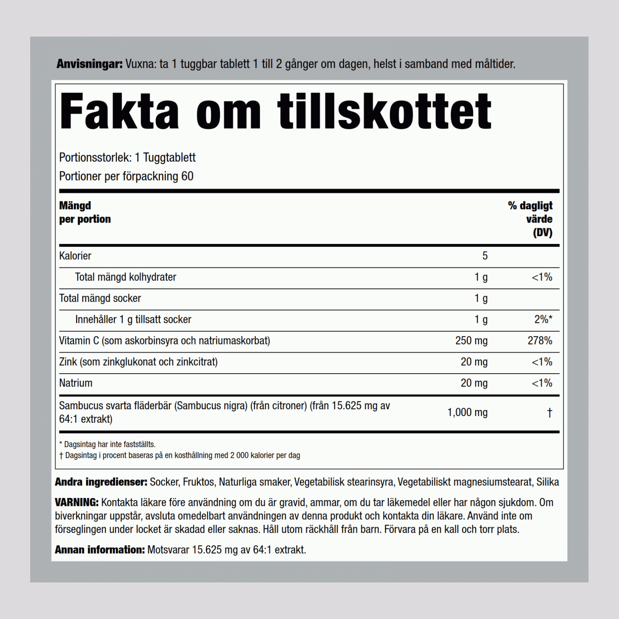 Sambucus svart fläder immunkomplex med C och zink (naturliga bär) 60 Tuggtabletter       