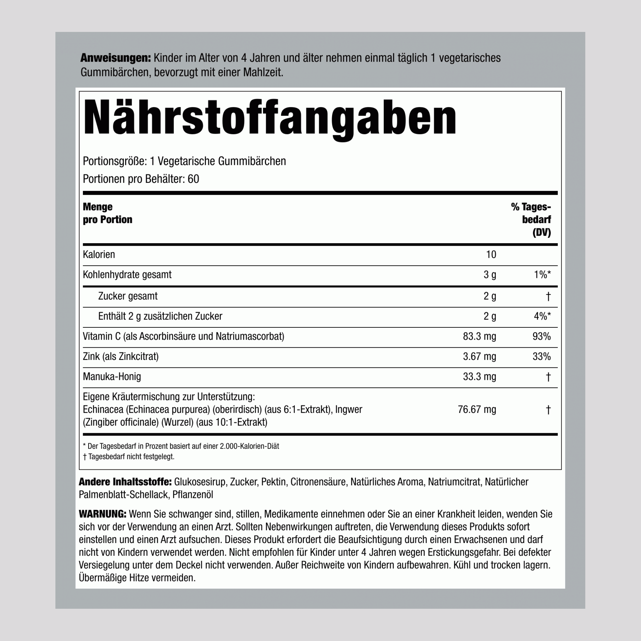 Vitamine C pour enfants + Zinc, bonbons gélifiés Echinacea (Saveur naturelle de miel et de citron) 60 Gommes végans 2 Bouteilles      