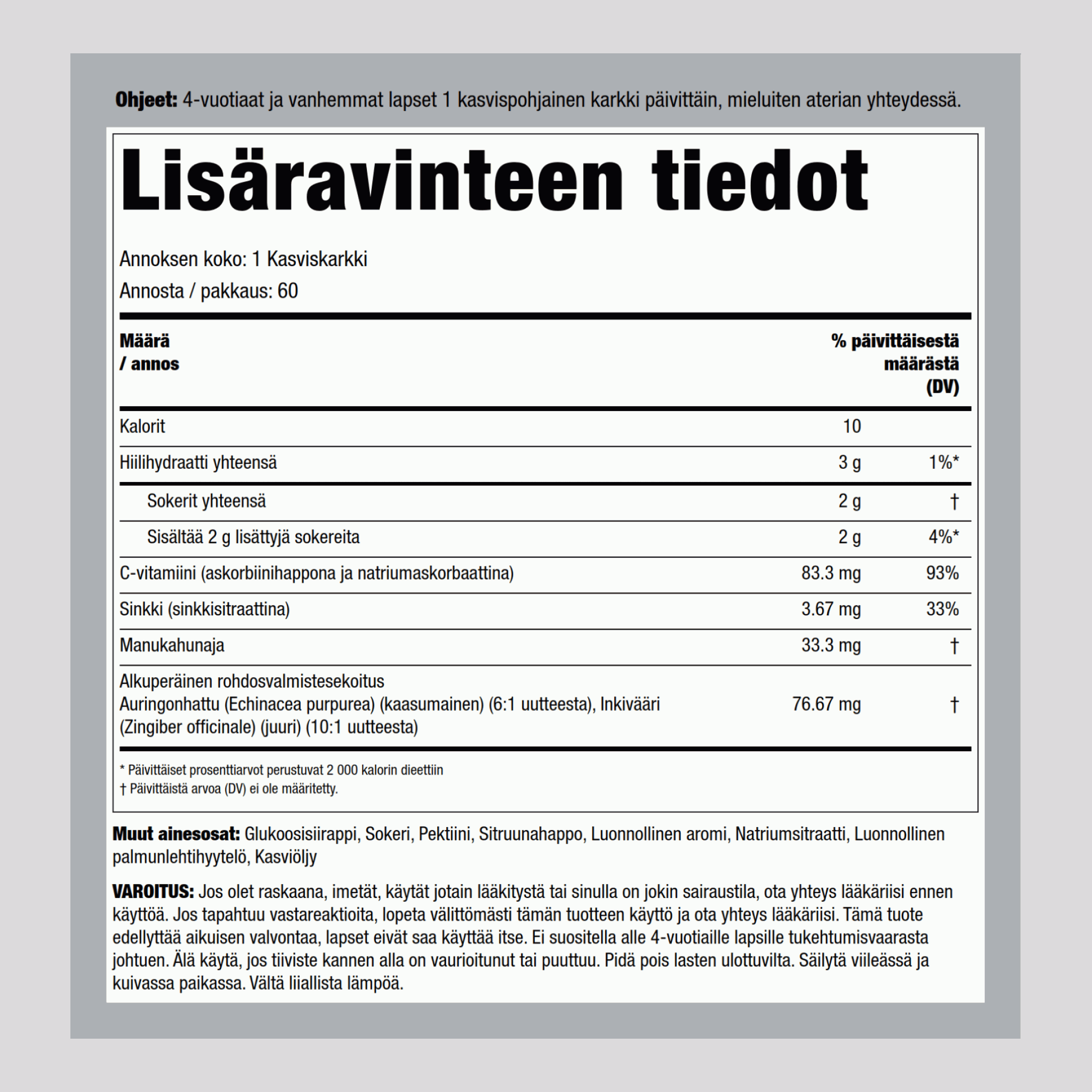 Lasten C-vitamiini + sinkki, Echinacea (auringonhattu) purukarkit (luonnonhunaja, sitruunasekoitusmaku) 60 Kasviskarkit       