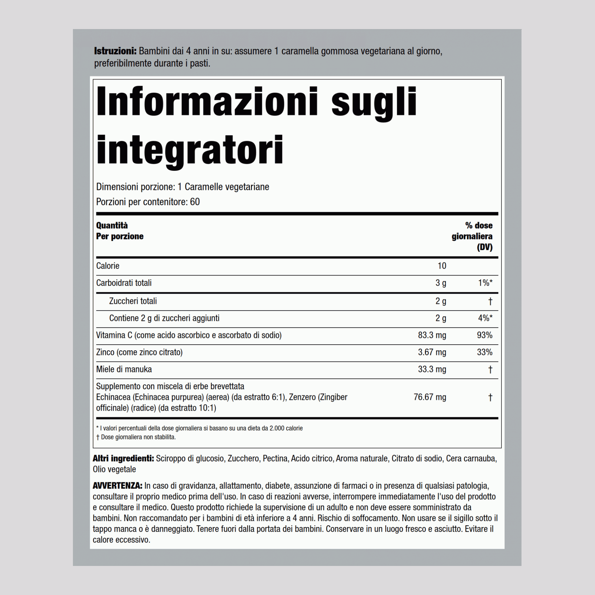 Vitamina C + zinco ed echinacea in caramelle gommose per bambini (aroma naturale miele e limone) 60 Caramelle gommose vegetariane       