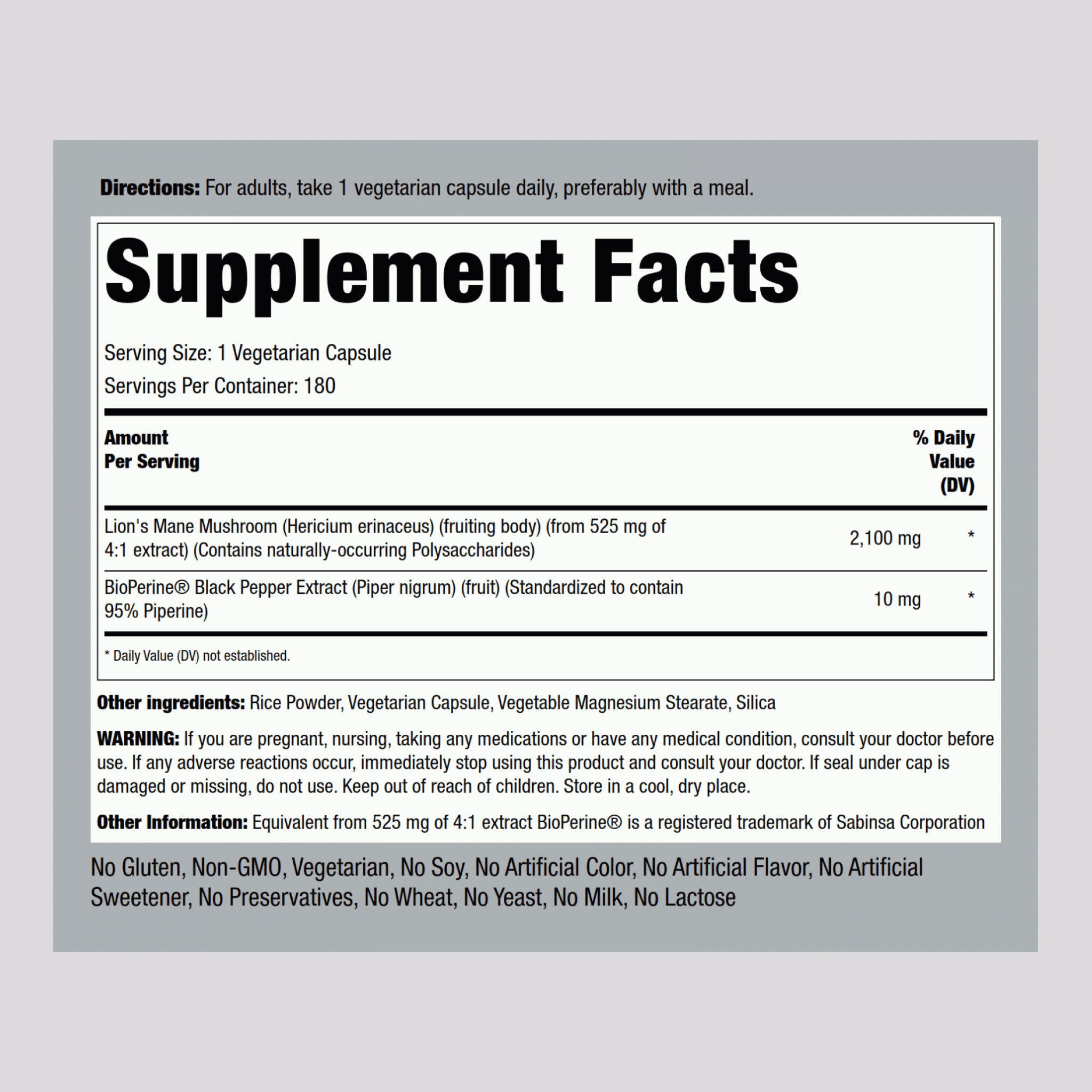 Super Lion's Mane Mushroom, 2100 mg, 180 Vegetarian Capsules, 2  Bottles