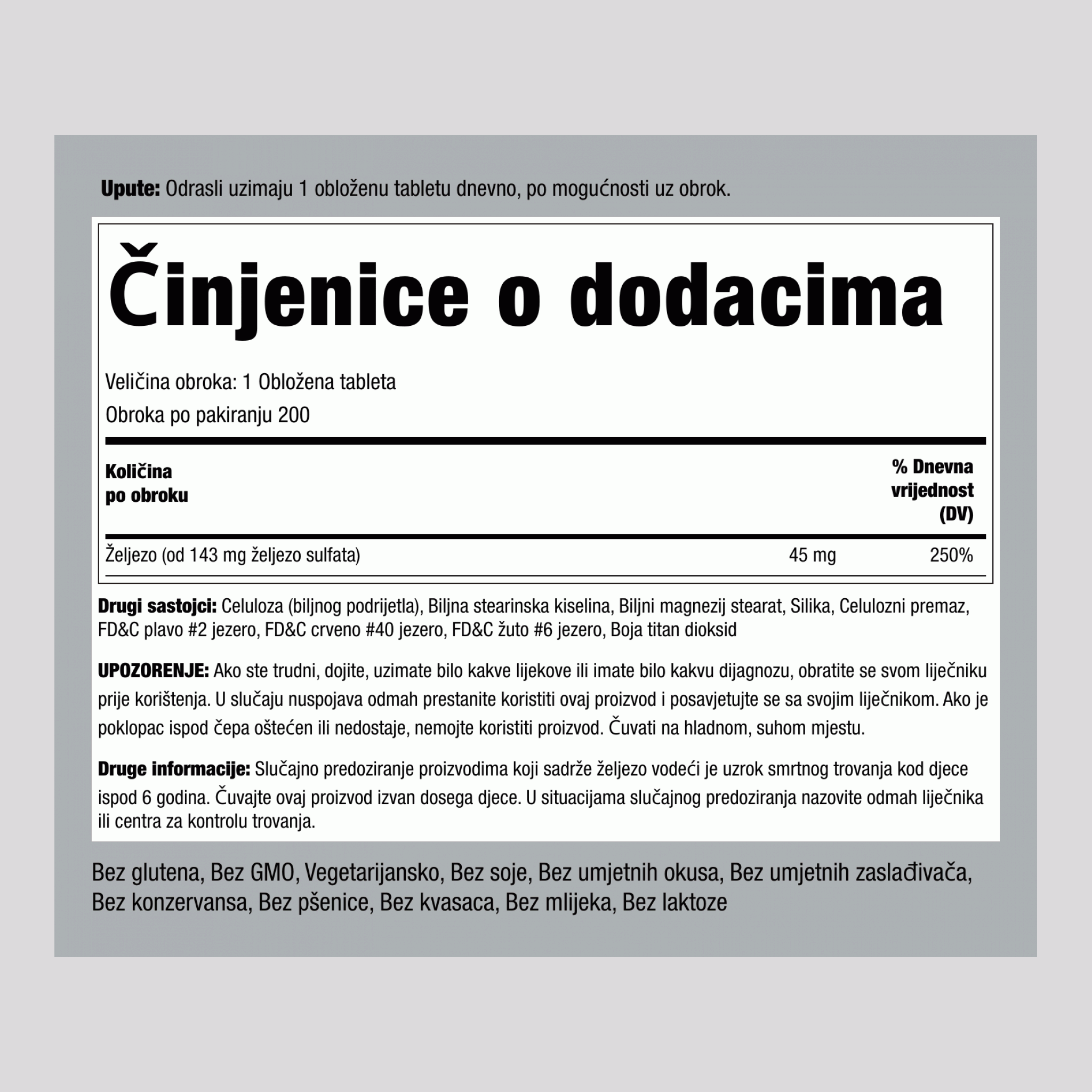 Željezo s odgođenim otpuštanjem 45 mg 200 Tablete s premazom     