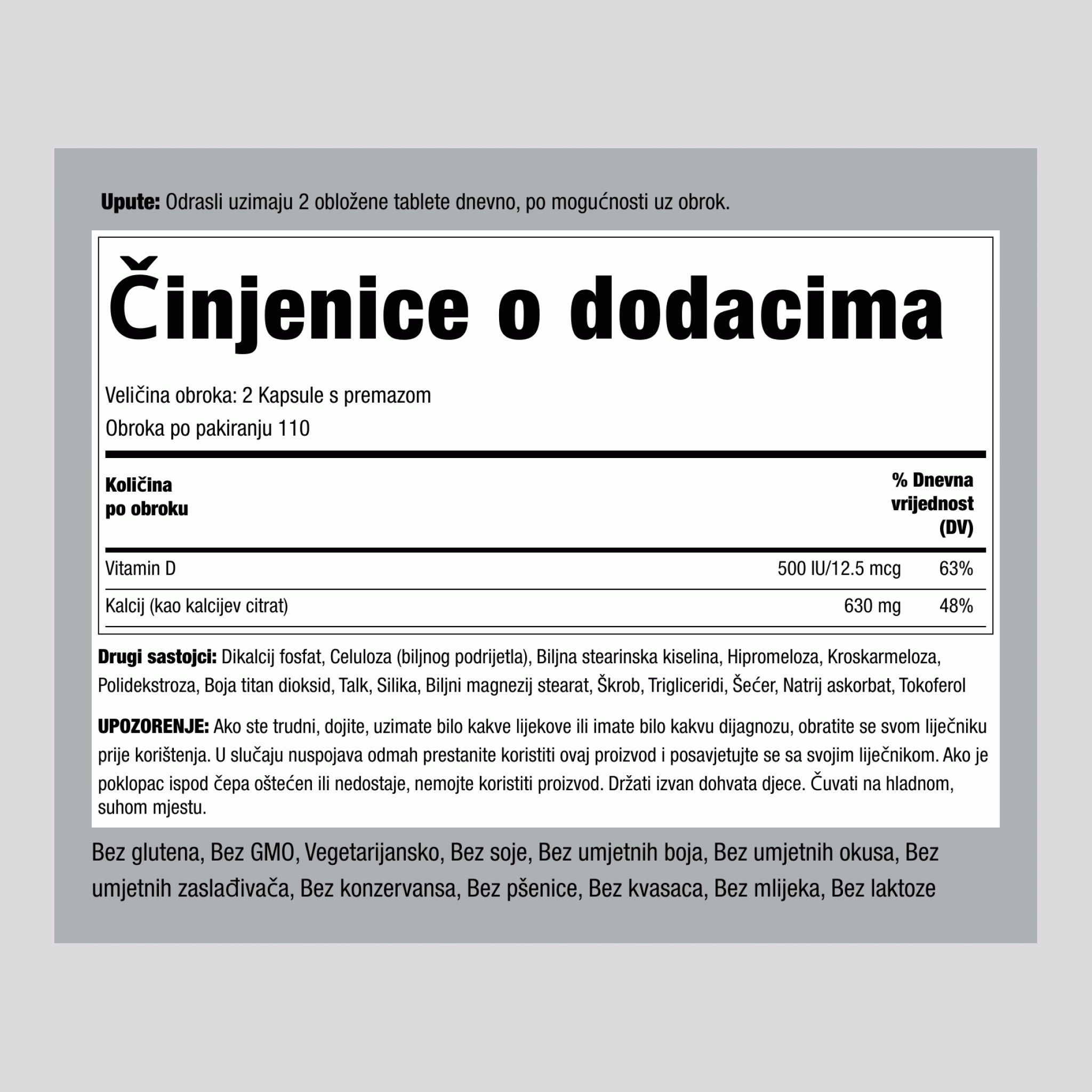 Kalcij citrat 630 mg Plus D3 500 IU 220 Kapsule s premazom 2 Boce     