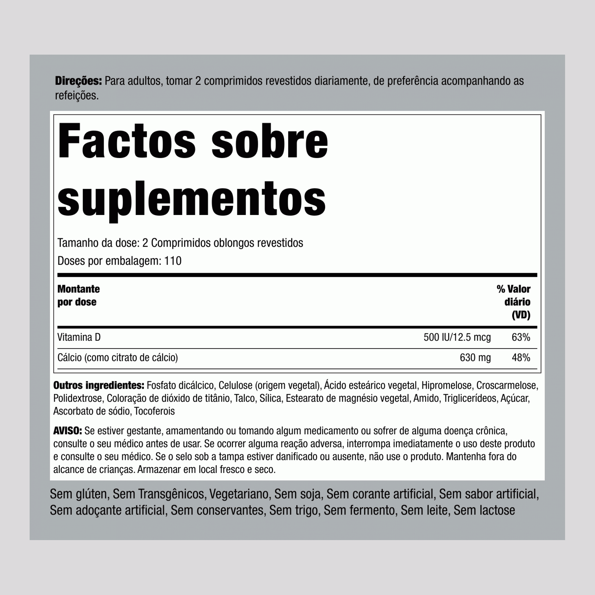 Cálcio Citrato 630 mg com Vitamina D3 500 UI 220 Comprimidos oblongos revestidos 2 Frascos     