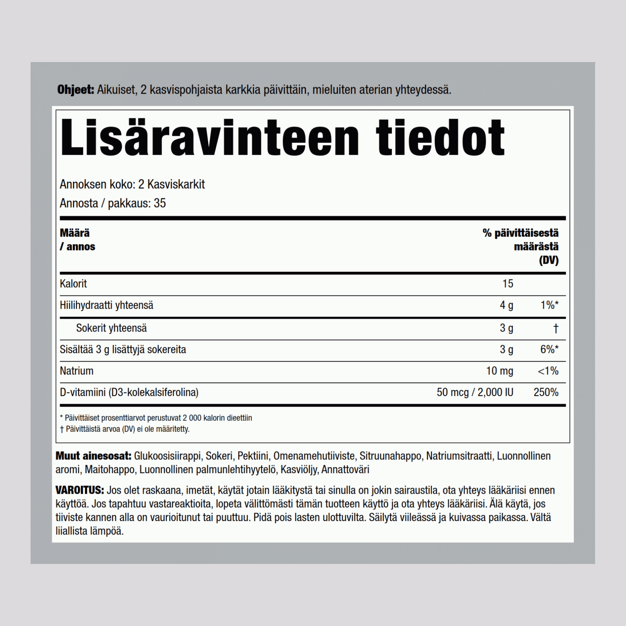 D3-vitamiinikarkit (luonnonananas) 2000 IU 70 Kasviskarkit     