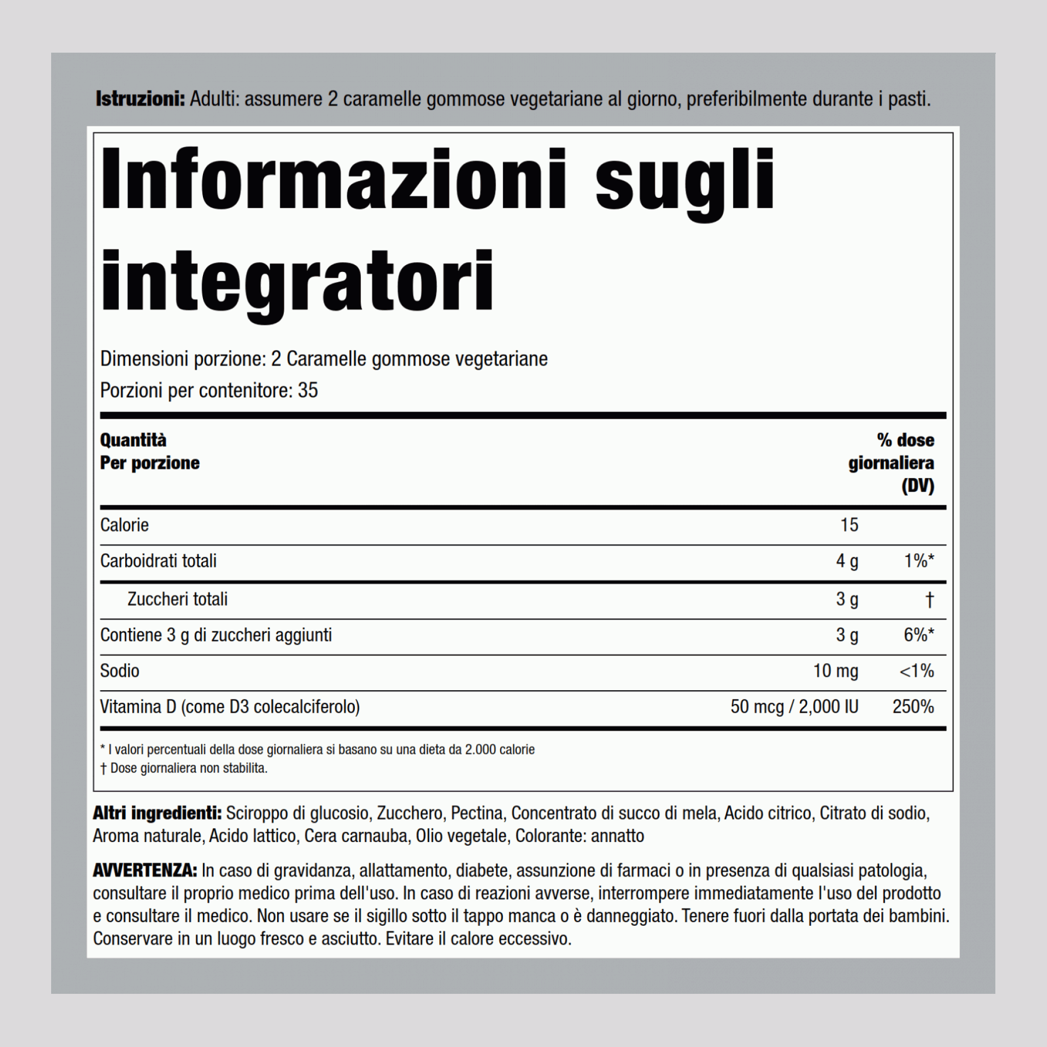 Vitamina D3 in caramelle gommose (ananas naturale) 2000 IU 70 Caramelle gommose vegetariane     