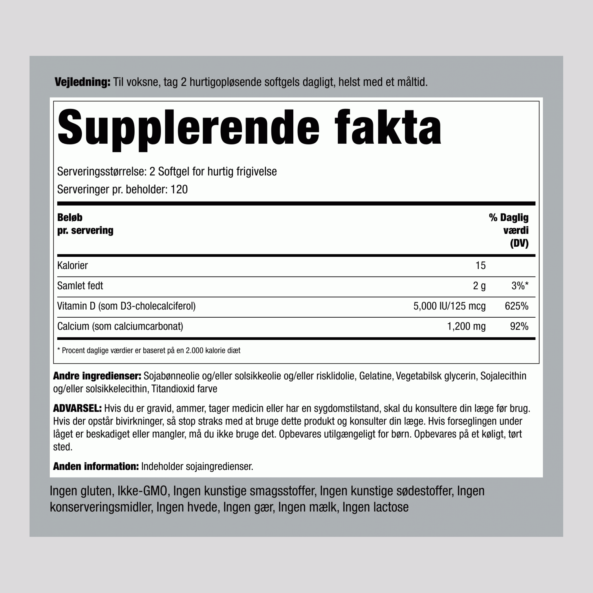 Absorberbart calcium 1.200 mg Plus D 5.000 IE (pr. portion)  240 Softgel for hurtig frigivelse       