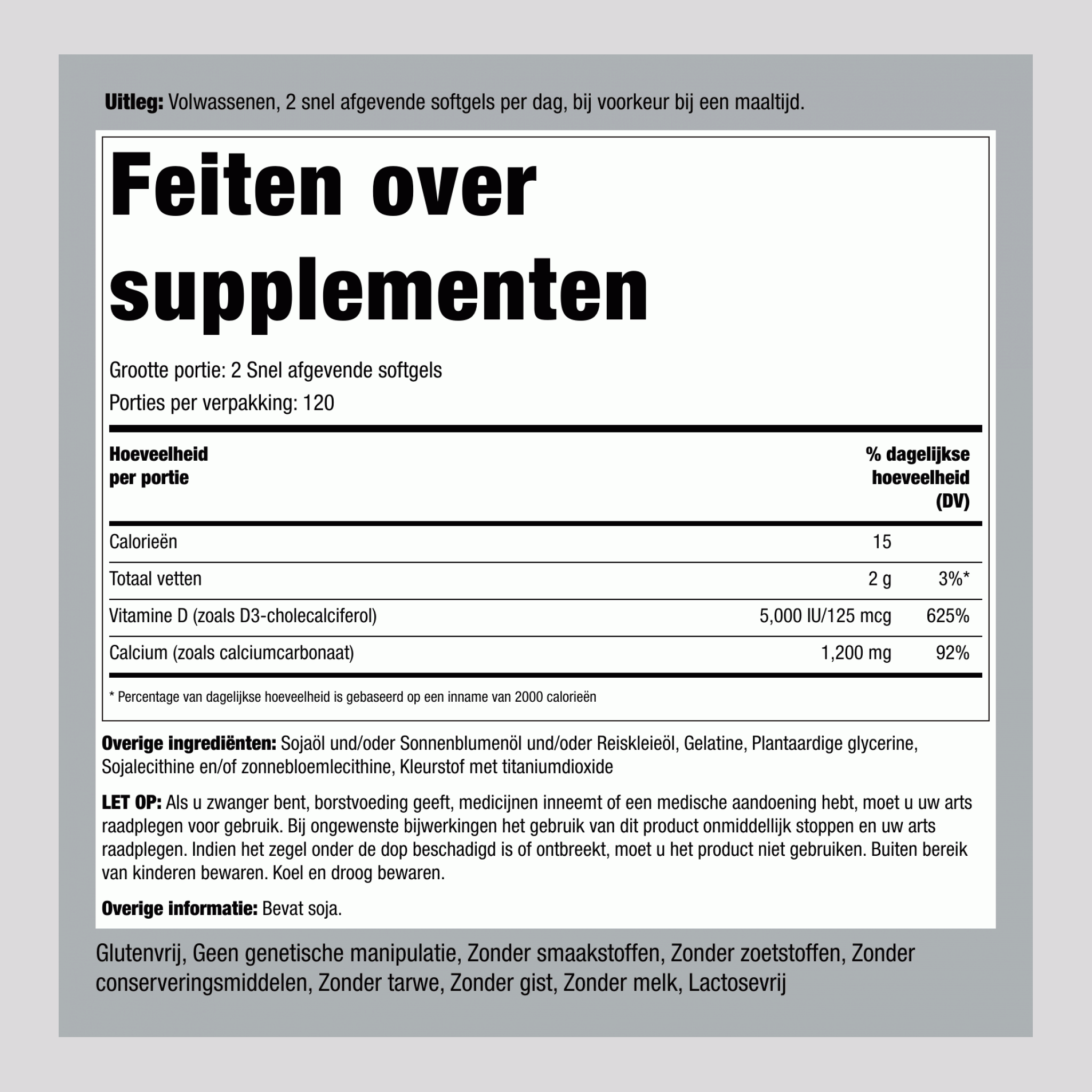 Absorbeerbaar calcium 1200 mg plus D 5.000 IE (per portie)  240 Snel afgevende softgels       