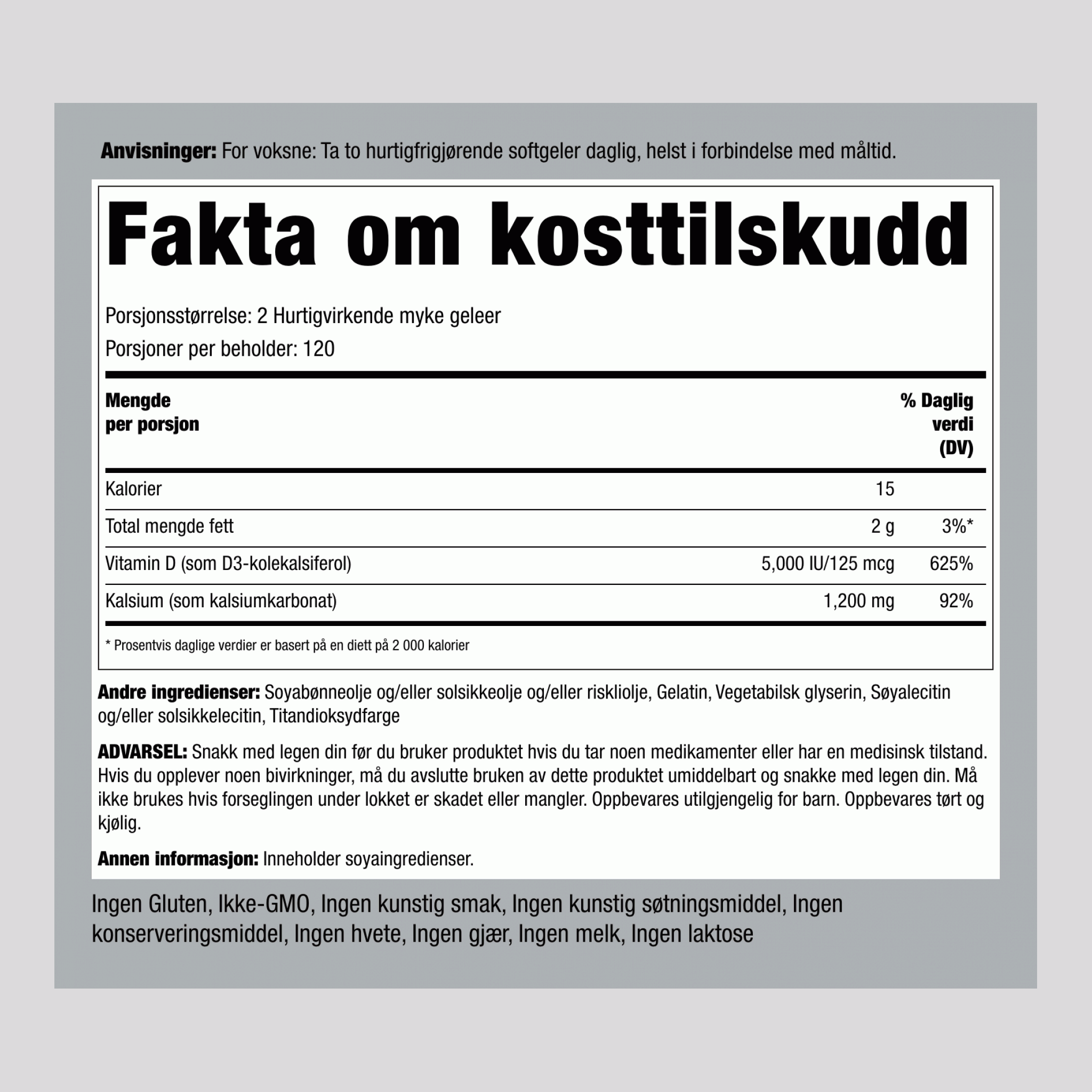 Absorberbart Kalsium 1200 mg Plus D 5000 IE (per porsjon)  240 Hurtigvirkende myke geleer       