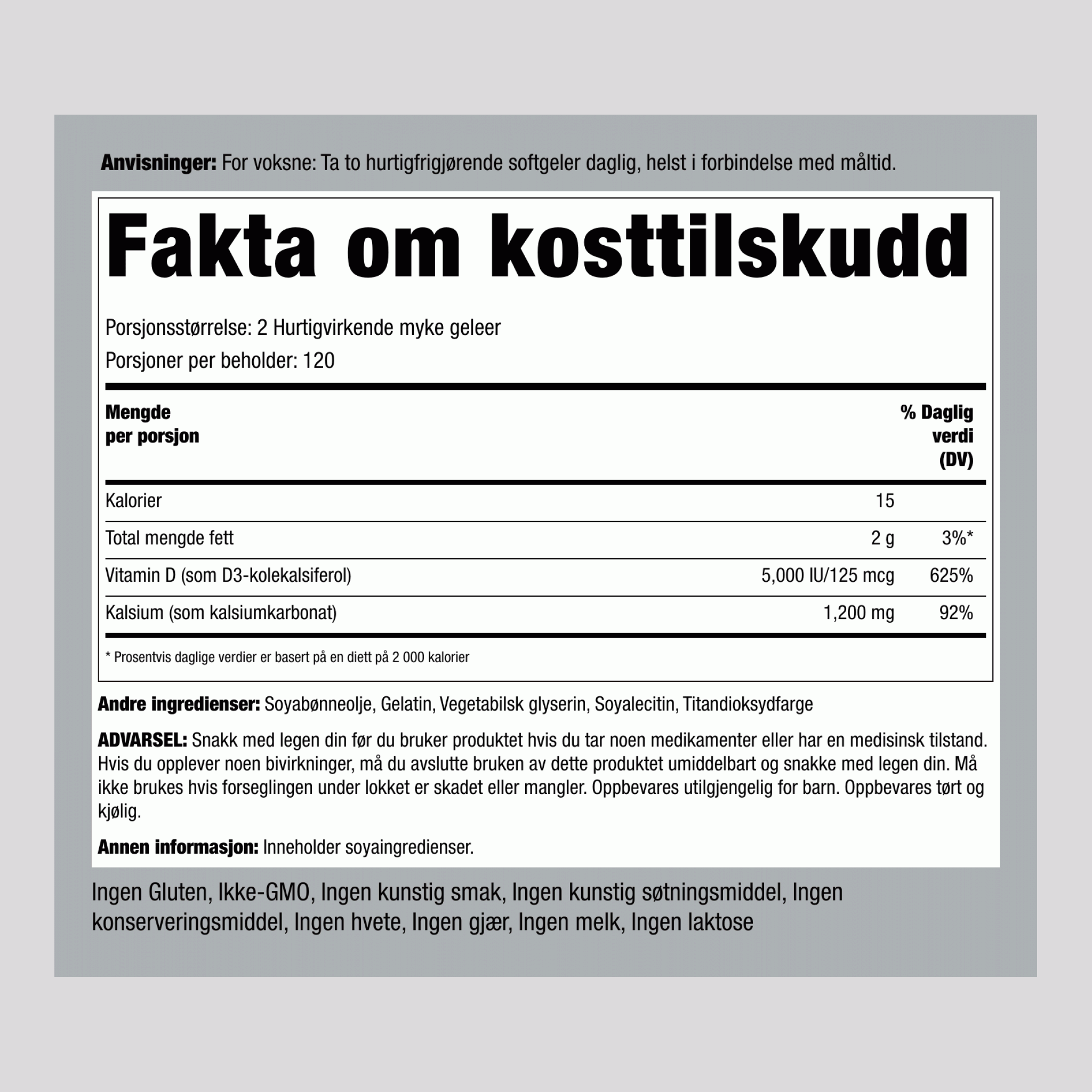 Absorberbart Kalsium 1200 mg Plus D 5000 IE (per porsjon)  240 Hurtigvirkende myke geleer 2 Flasker     