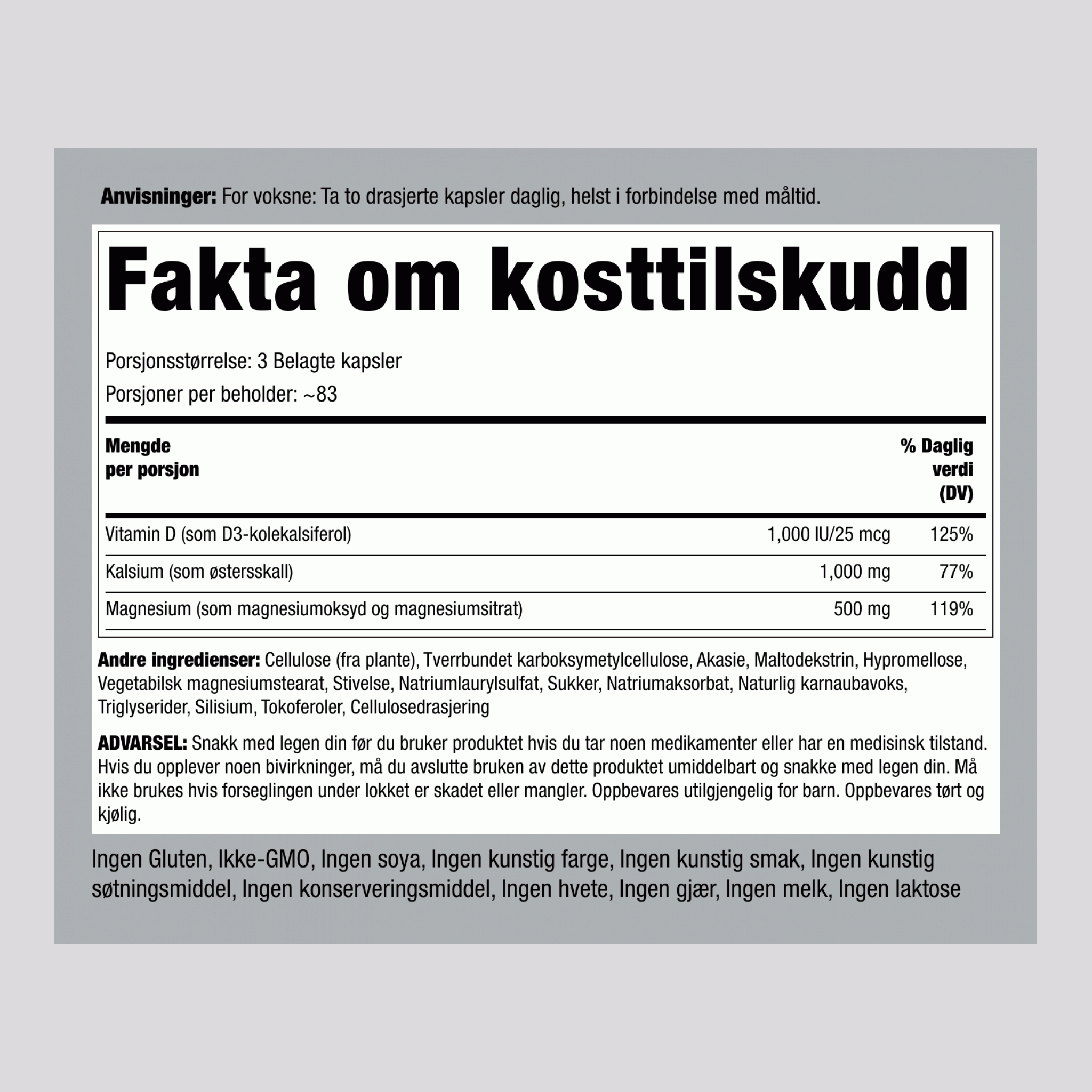 Ultrakalsiummagnesium Plus D3 (Cal 1000 mg/Mag 500 mg/D3 1000IU) (per porsjon) 250 Belagte kapsler       