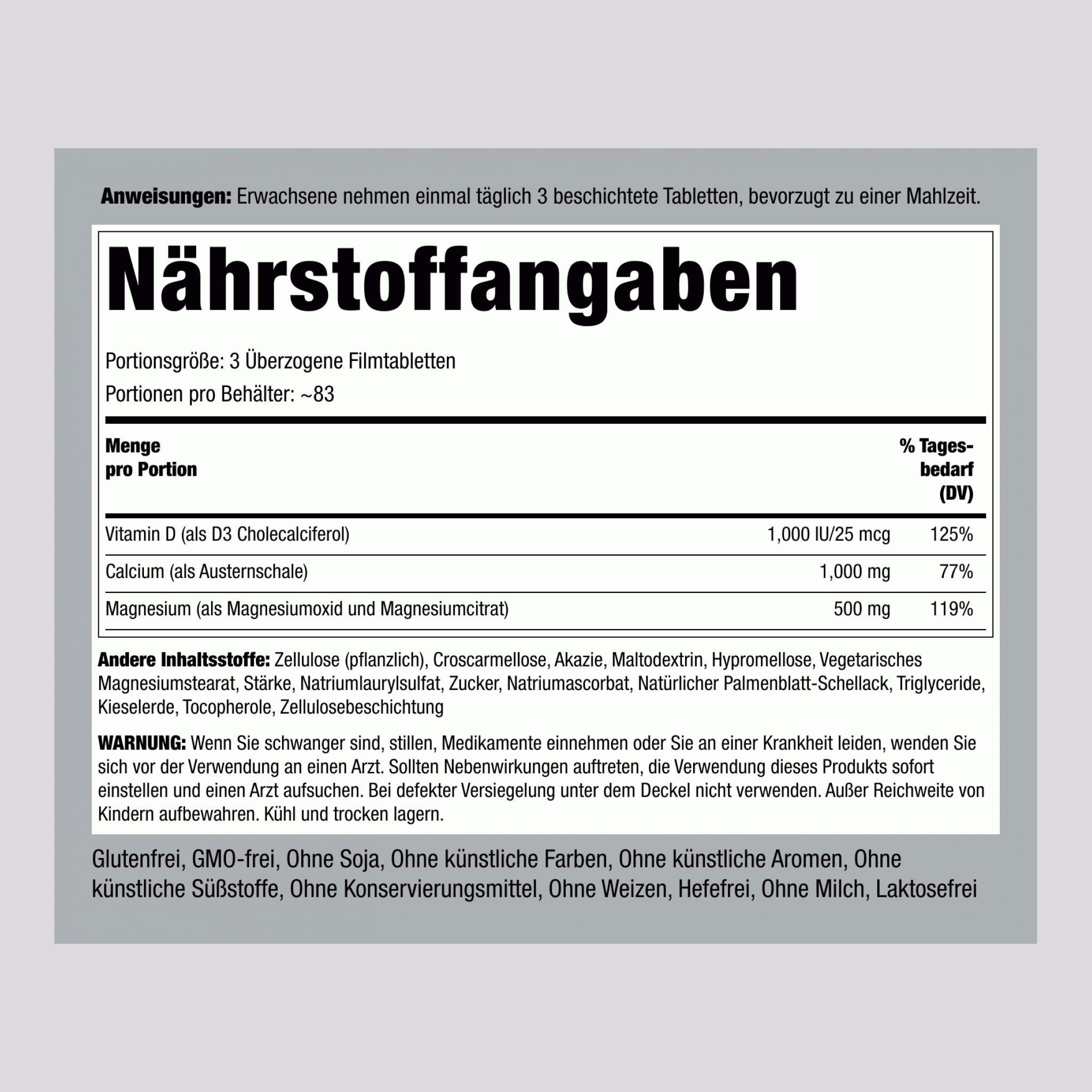 Ultra-Kalzium-Magnesium Plus D3 (Kalzium 1000 mg/Magnesium 500 mg/D3 1000 IE) (pro Portion) 250 Überzogene Filmtabletten 2 Flaschen     