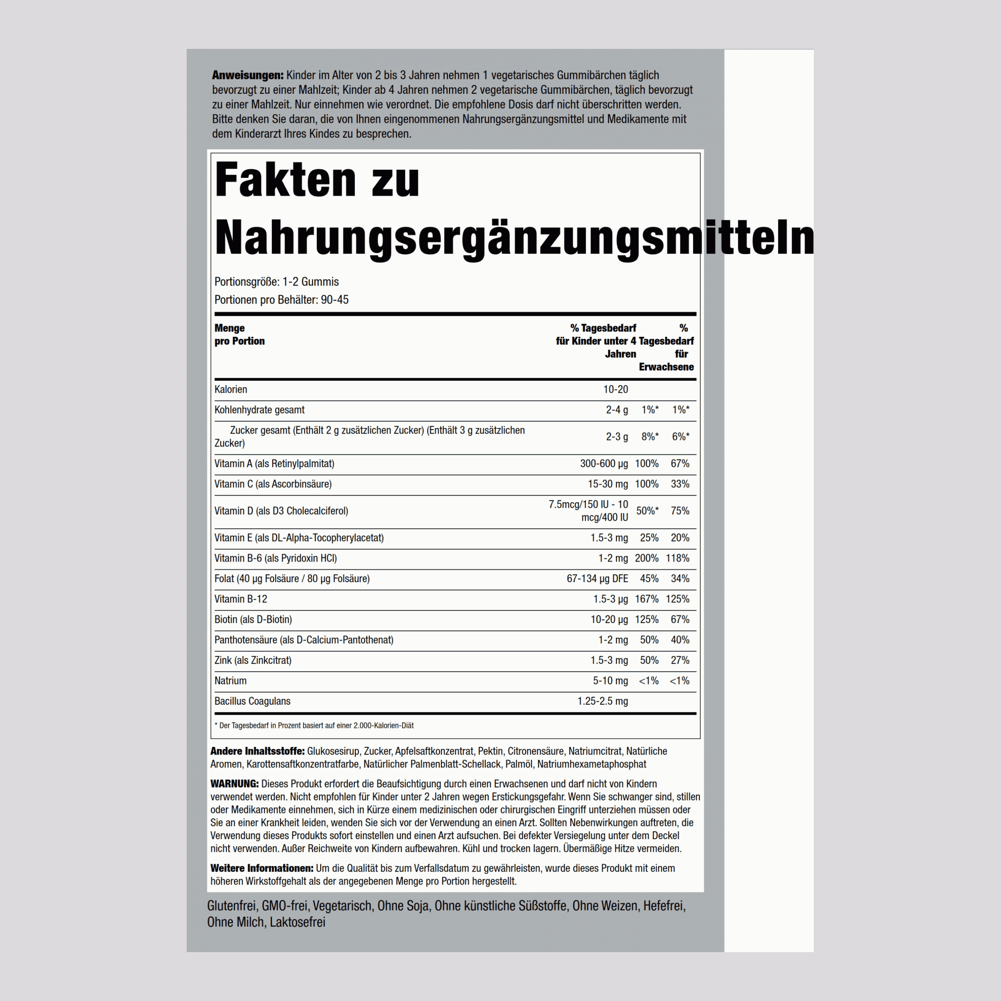 Multivitamin- und Probiotik-Gummis für Kinder (köstlicher Beerenpunsch)  90 Vegetarische Gummibärchen 2 Flaschen  