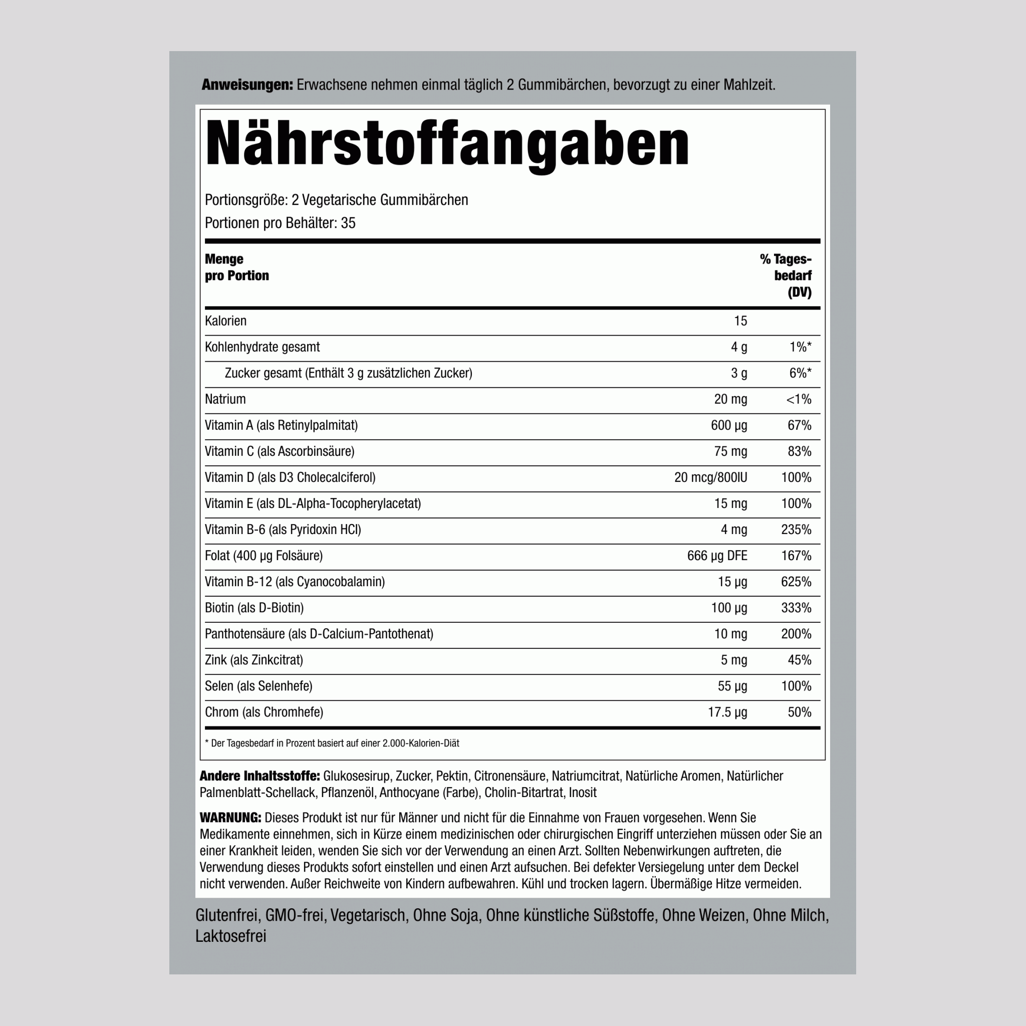 Multivitaminpräparat für Männer + B-12 D3 & Zink Gummis (Beere)  70 Vegetarische Gummibärchen      