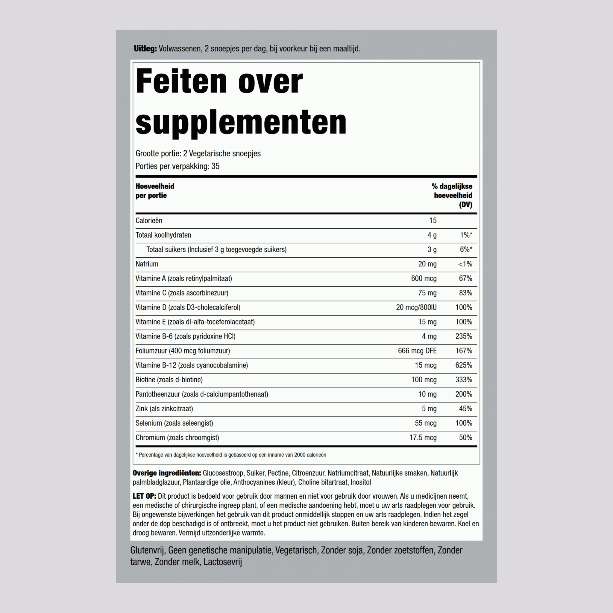 Multivitamine voor mannen + B-12 D3 & zink snoepjes (Natural Berry) 70 Vegetarische snoepjes       