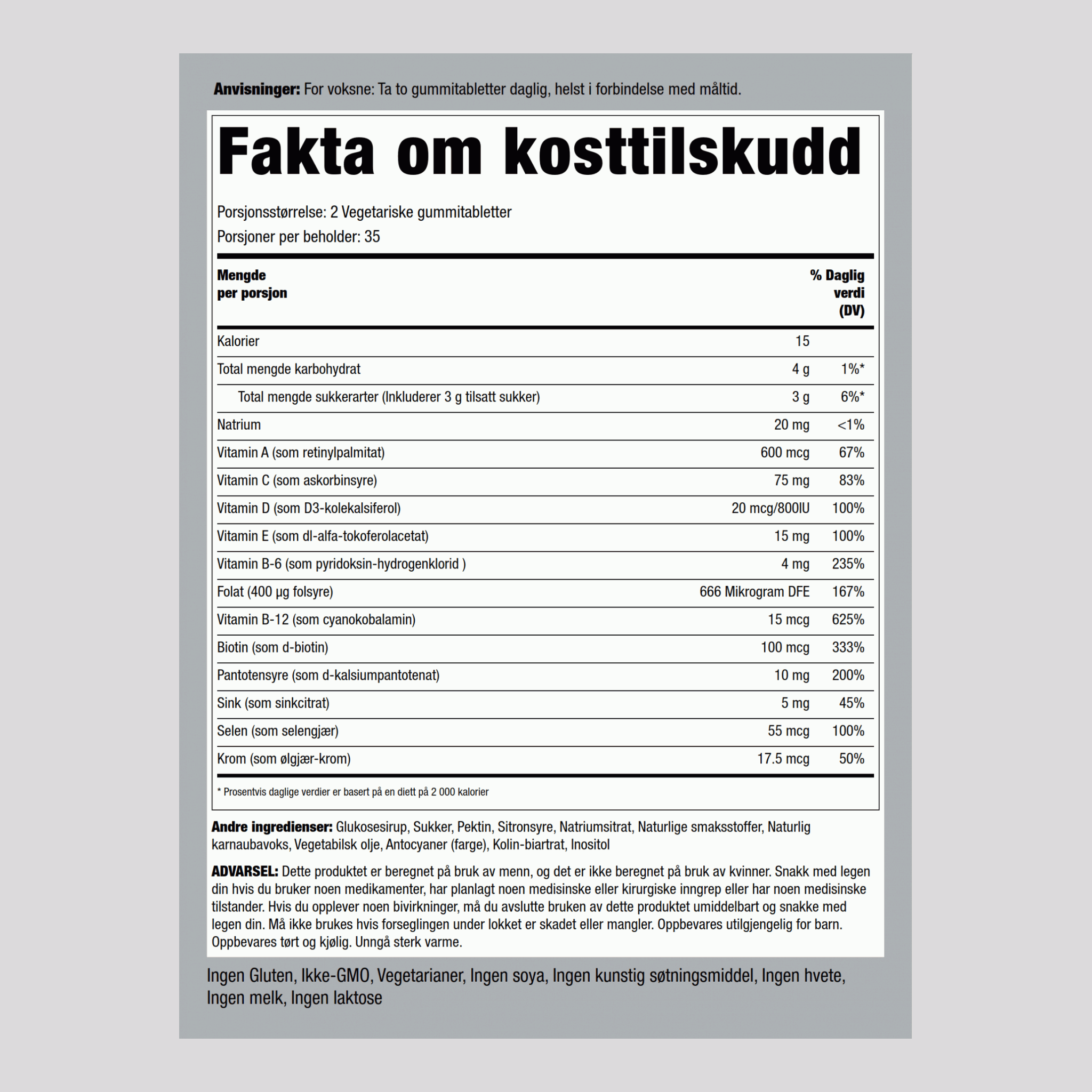 Multivitamin + B-12 D3 og sinkgummitabletter for menn (naturlig bær) 70 Vegetariske gummitabletter       