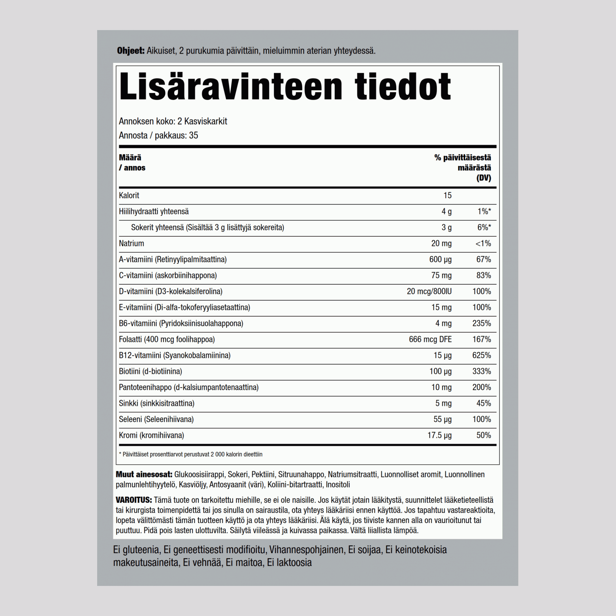 Miesten monivitamiini + B-12 D3 ja sinkki -karkit (marja)  70 Kasviskarkit 2 Pulloa     