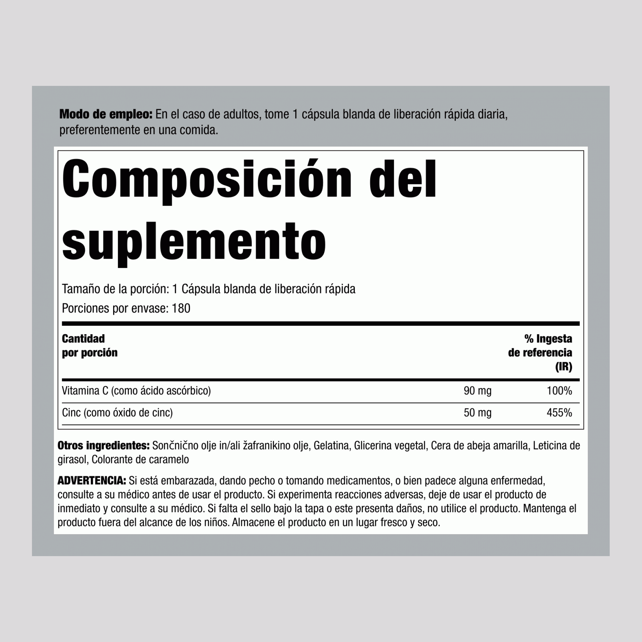 Vitamina C absorbible más zinc 180 Cápsulas blandas de liberación rápida       