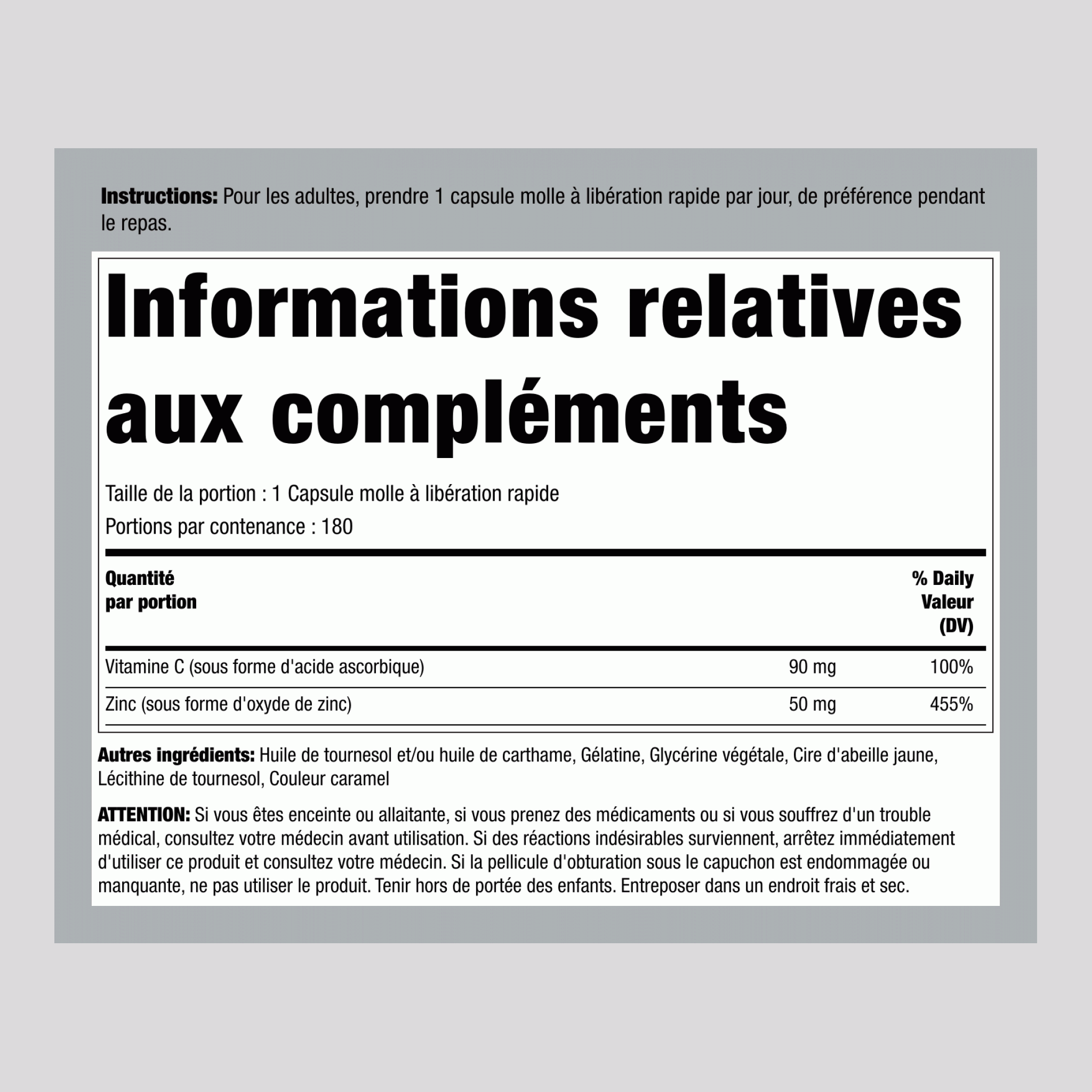 Vitamine C Zinc plus absorbable 180 Capsules molles à libération rapide       