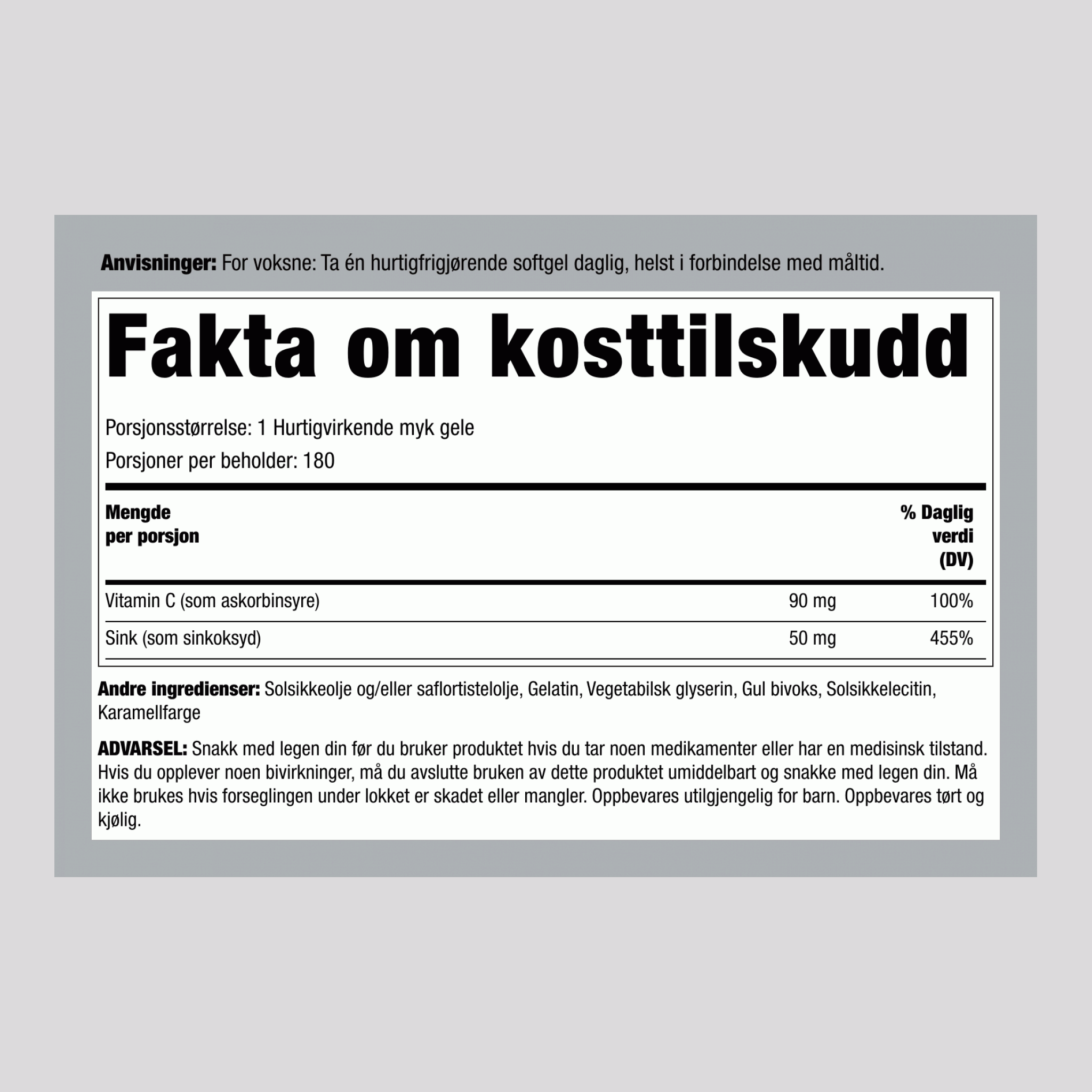 Absorberende Vitamin C Plus sink 180 Hurtigvirkende myke geleer       