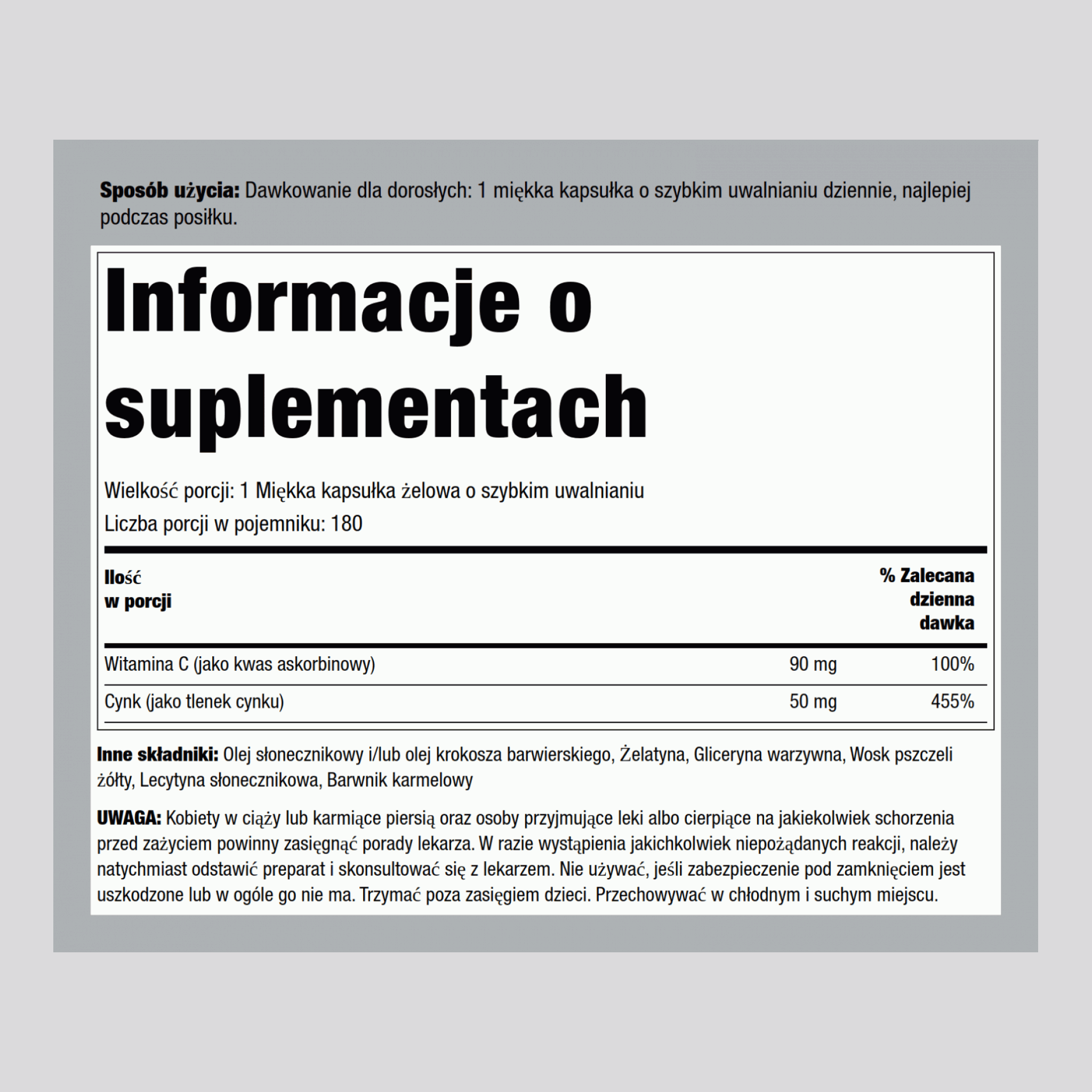 Łatwo wchłaniana witamina C plus cynk 180 Miękkie kapsułki żelowe o szybkim uwalnianiu       