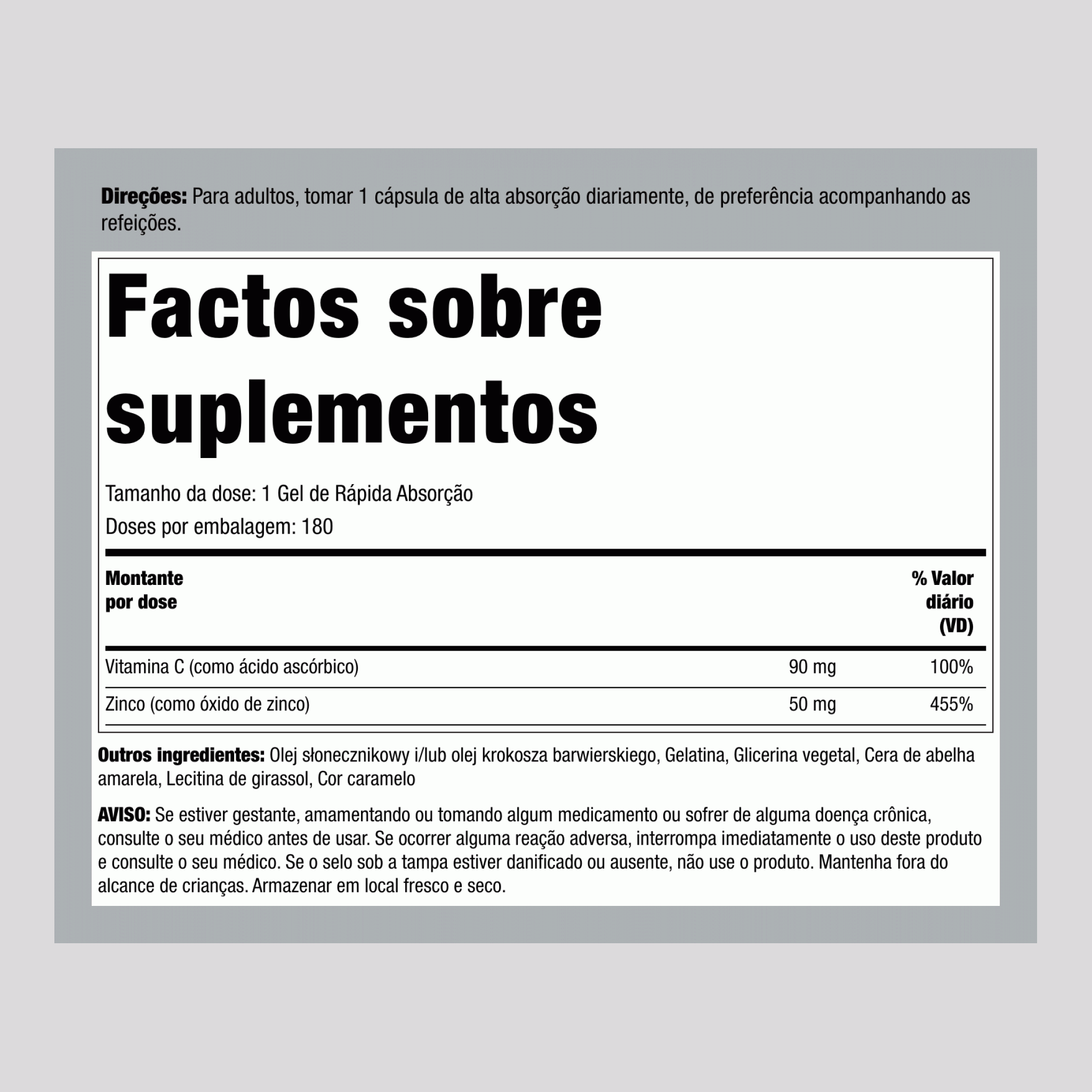 Vitamina C de Absorção Rápida Mais Zinco,  180 Gels de Rápida Absorção 2 Frascos